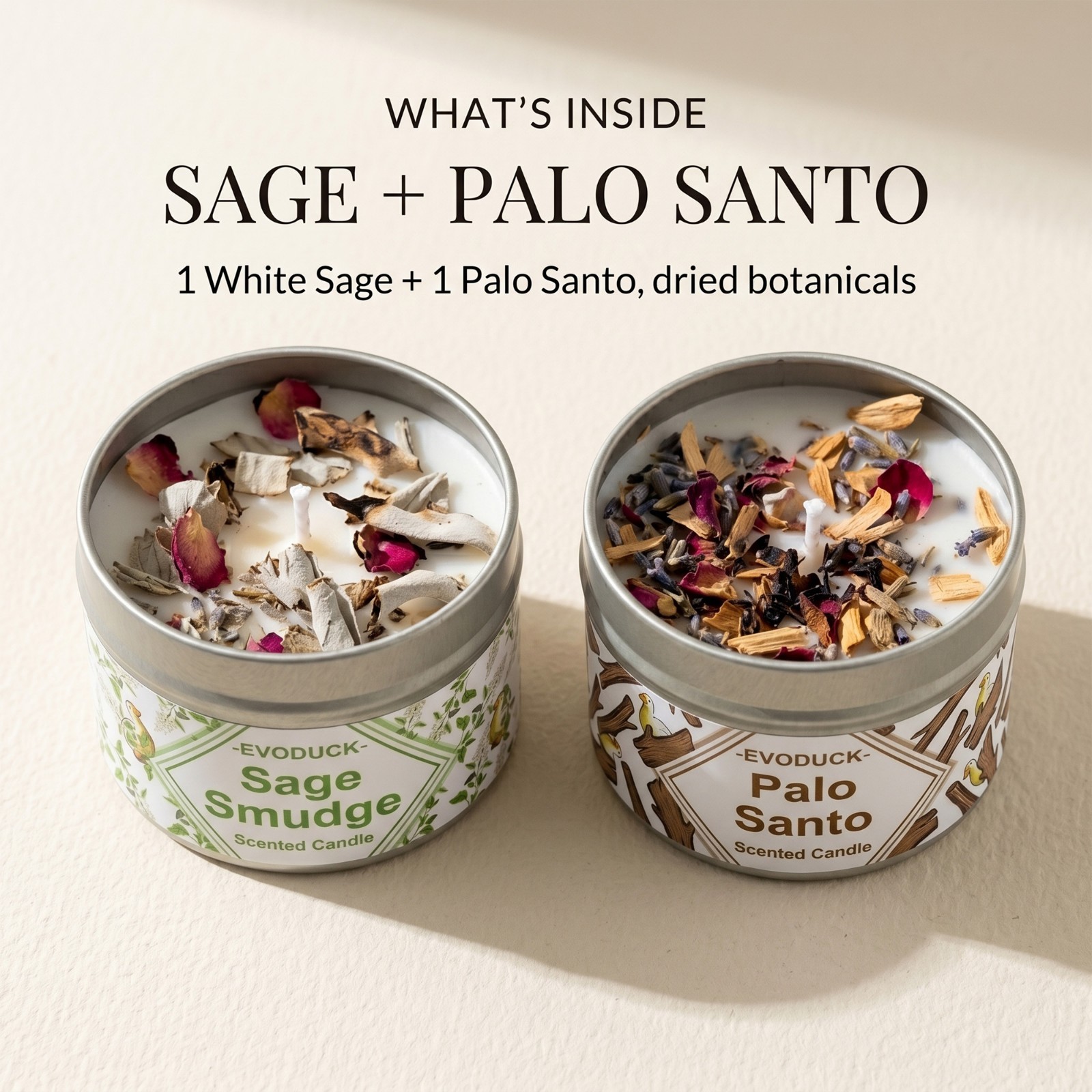2 Pack Sage & Palo Santo Smudge Candle Soy Cleansing Dried Botanicals Gift Set