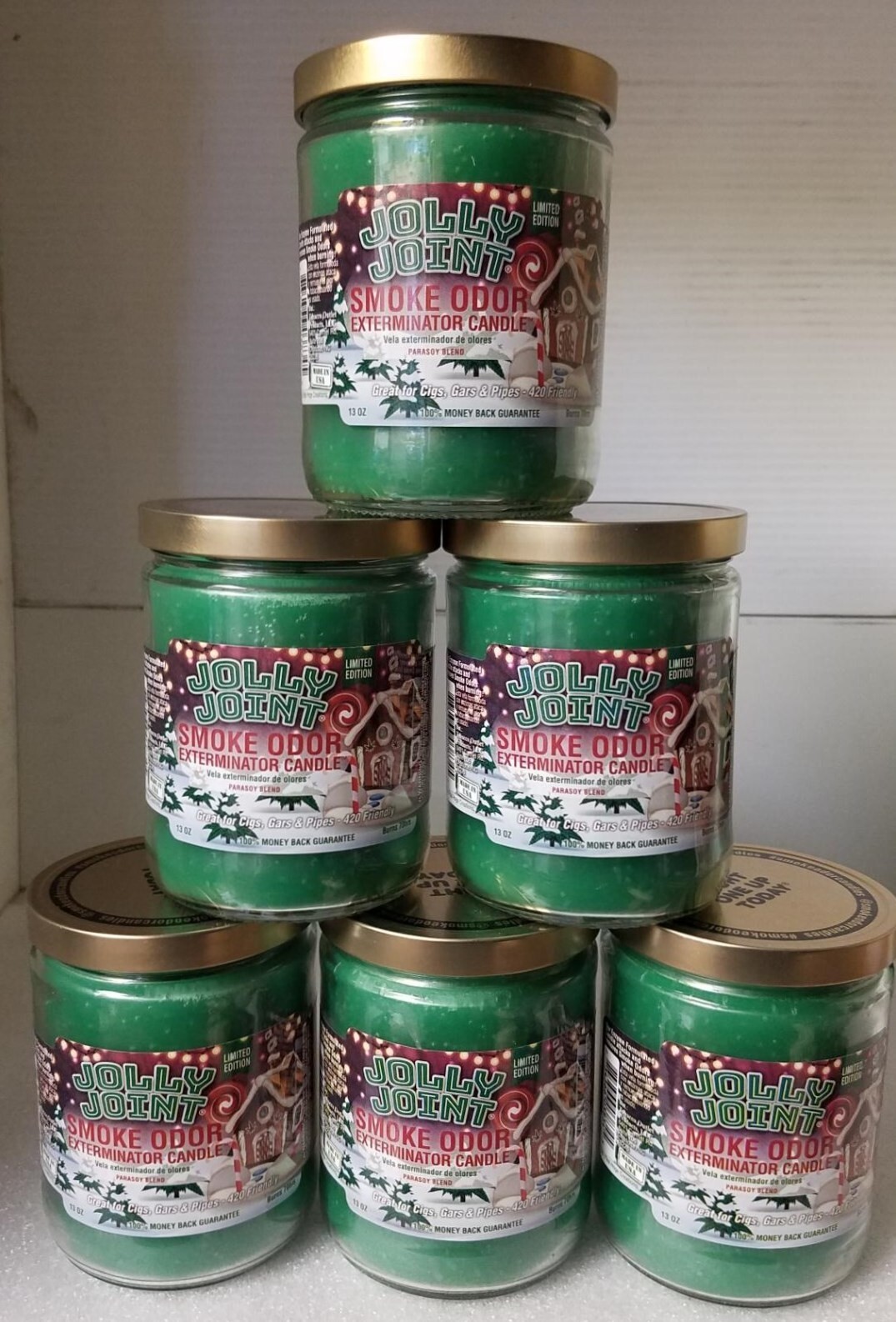 Smoke Odor Exterminator 13 oz Jar Candle, Jolly Joint Set of Six Candles.