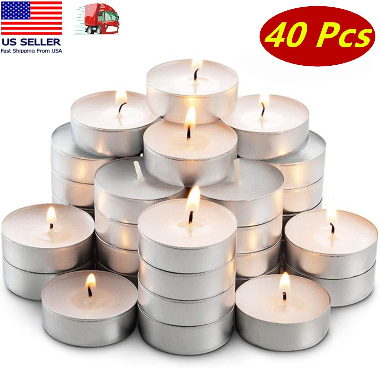 40 Tea Light Candles 3 hours Burn White Unscented Home Use Dripless