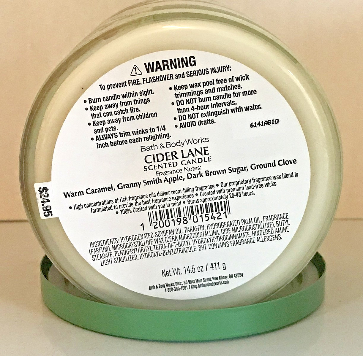 CIDER LANE CANDLE LARGE 3 WICK 14.5 OZ BATH BODY WORKS WHITE BARN GREEN NEW FALL