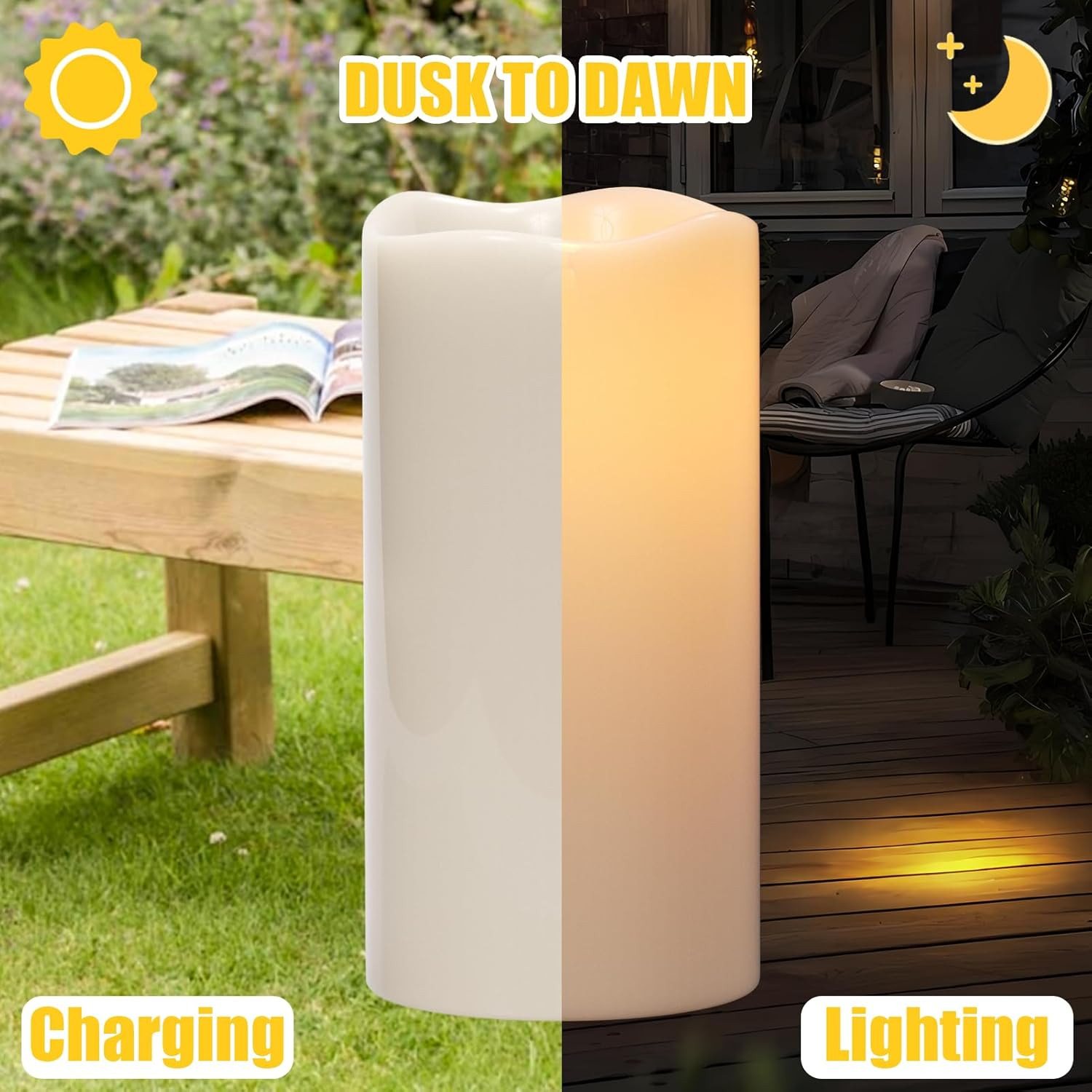 Large Solar Powered Candles, Outdoor Rechargeable Flameless Candles, Waterproof