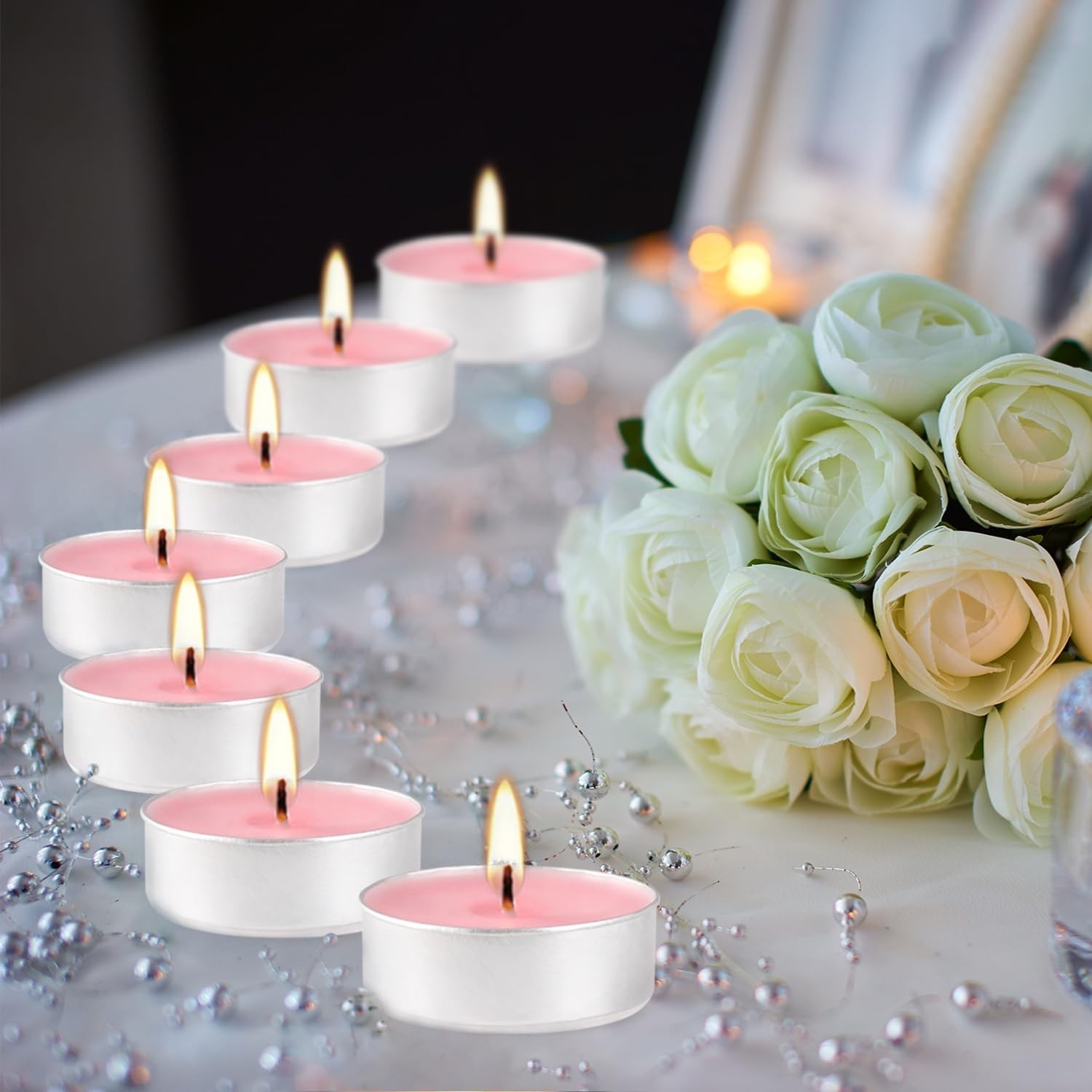 Pink Rose Scented Tea Light Candles Bulk 100 Pack Long Lasting Indoor Decor