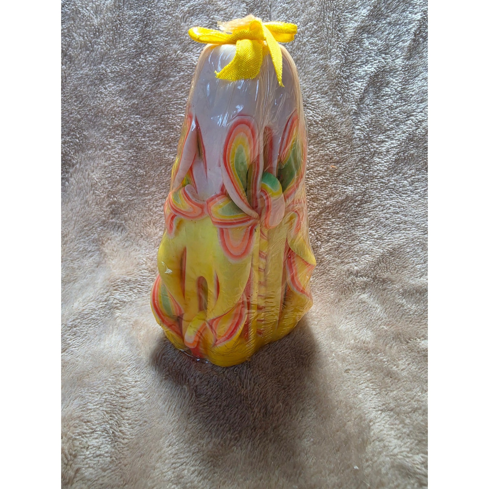 Vintage Hand Carved Pillar Candle Yellow Pink Green Layered Ribbon Wax Art Decor