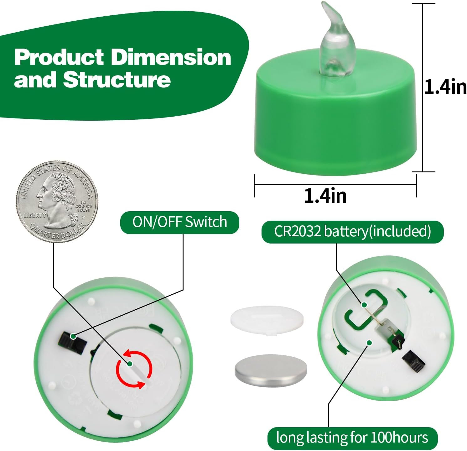 24 Pack Green Light Non-Flickering Flameless Tea Lights, Green Base, Last 100H+,