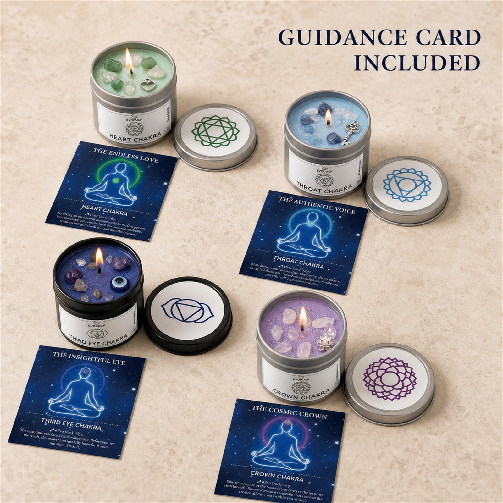 4-Piece EVODUCK Upper Chakra Healing Candle Set, Crystals, Meditation