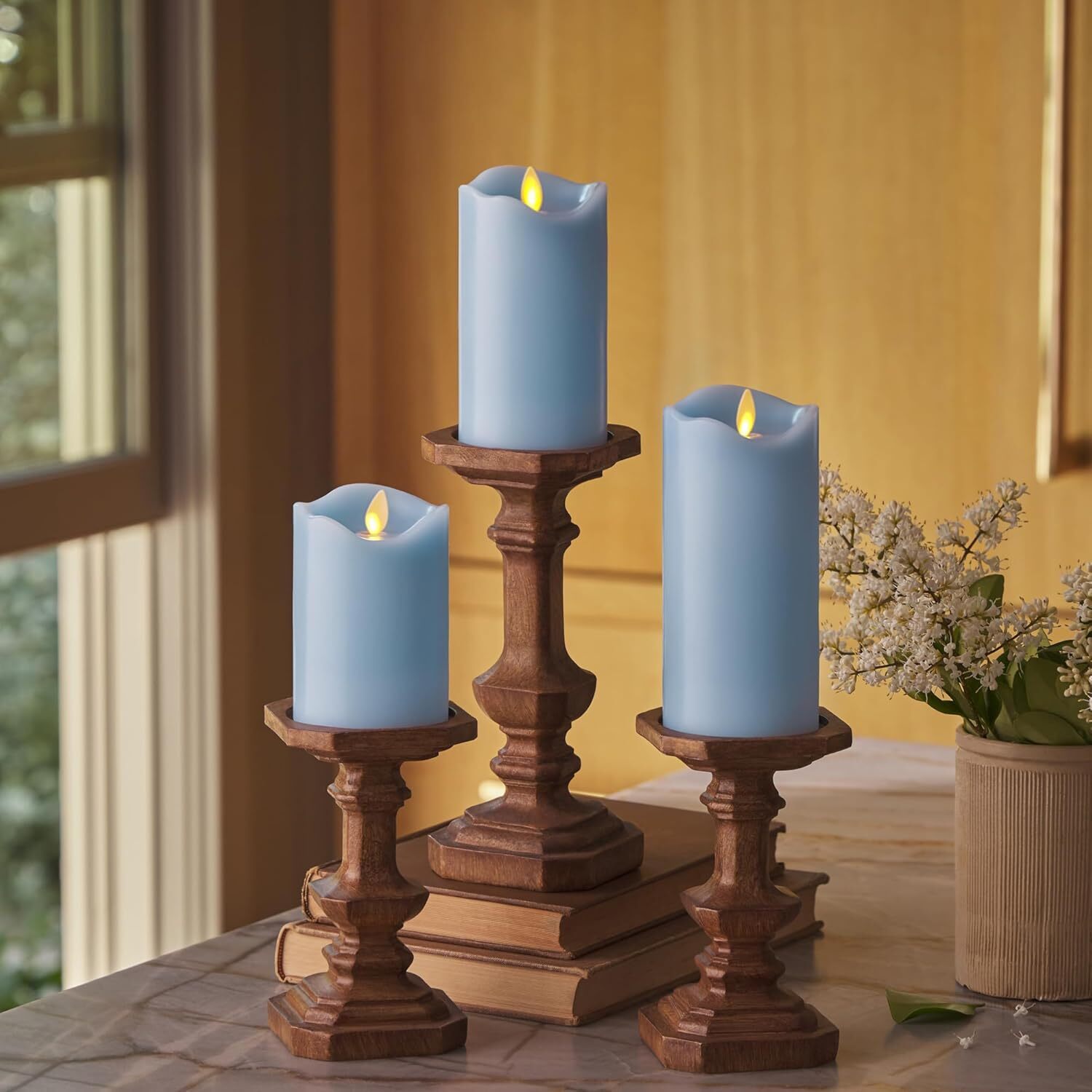 Battery Candle Set of 3 (3″ x 4.5″,5.5″,6.5″) Flameless LED (Pastel Blue)