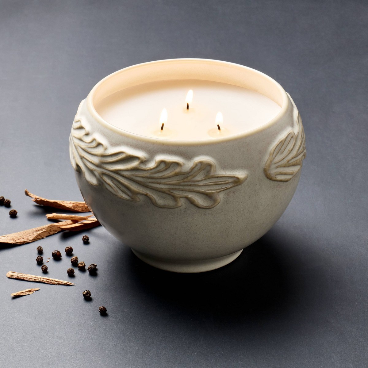 3 Wick Ceramic Botanical Black Pepper and Mahogany Jar Candle