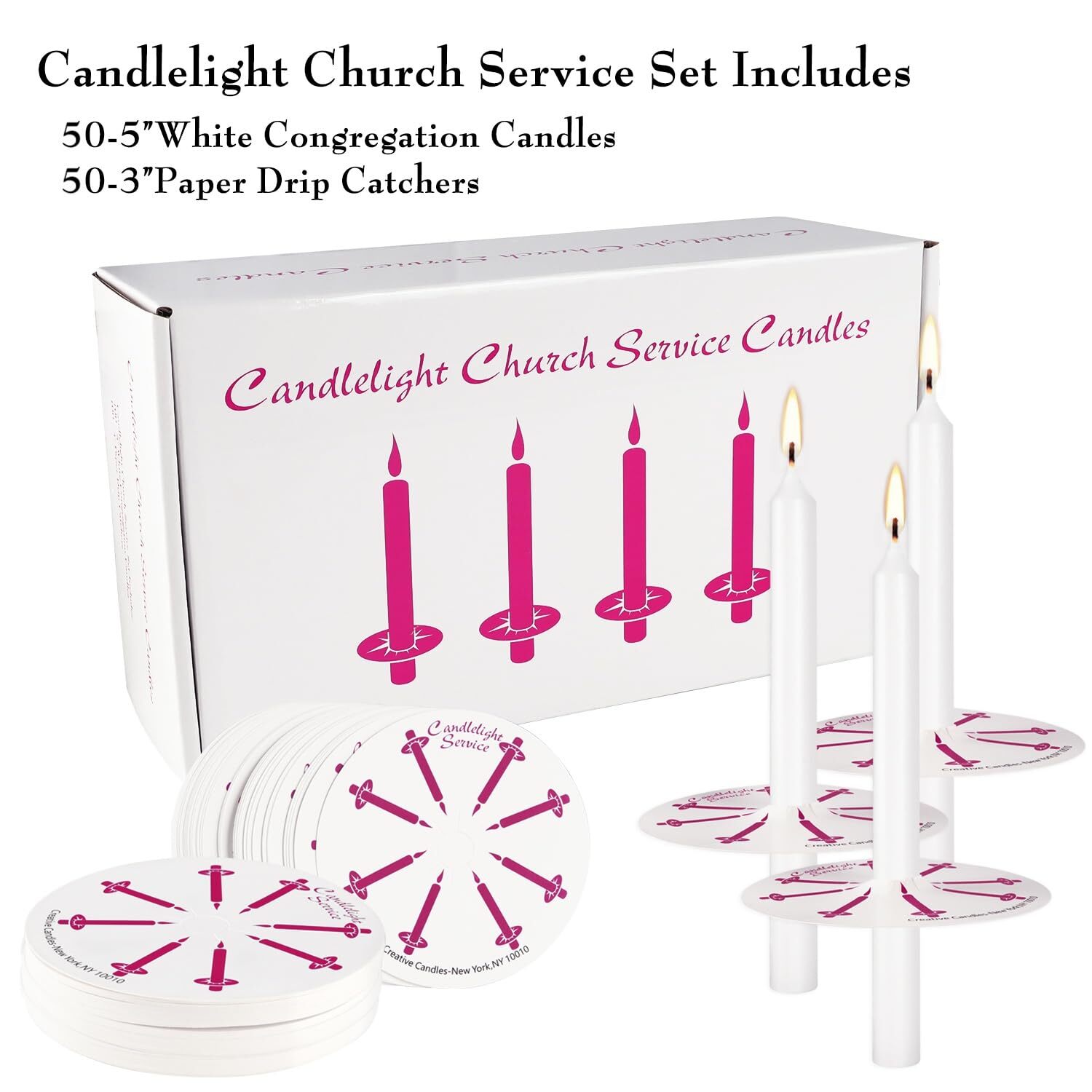 White Unscented Taper Candles 5-Inch 50 Pieces Drip Protectors Church Prayer