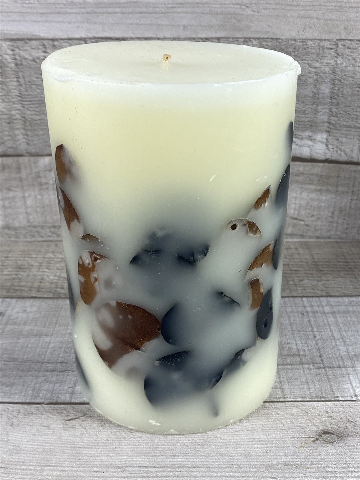 Fall Autumn Pillar Candle w/ Embedded Leaves – 36 oz – 6 x 4 inches – New!