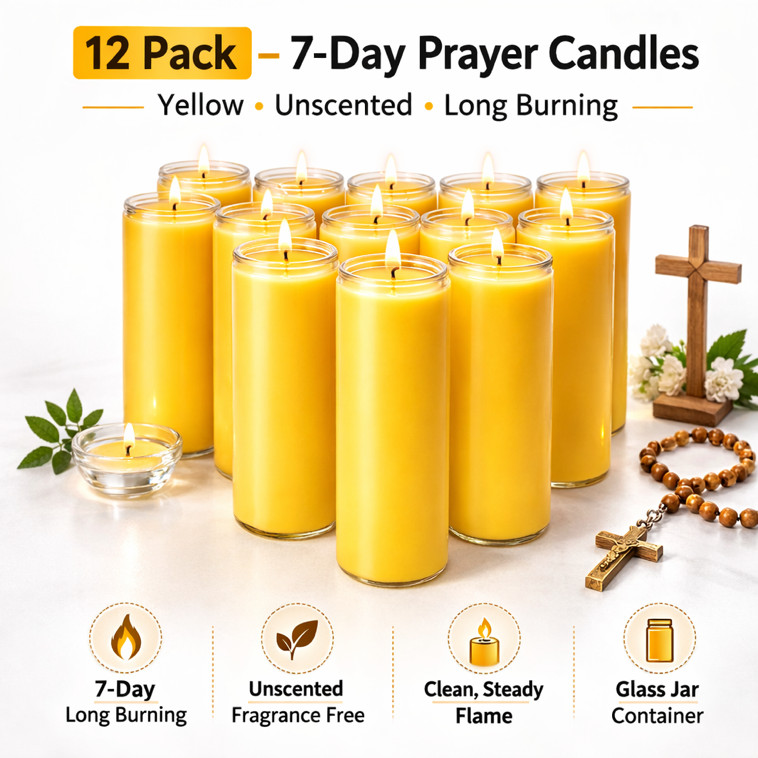 7 Day Yellow Prayer Candles 12 Pack Unscented Vigil Candles Glass Jars