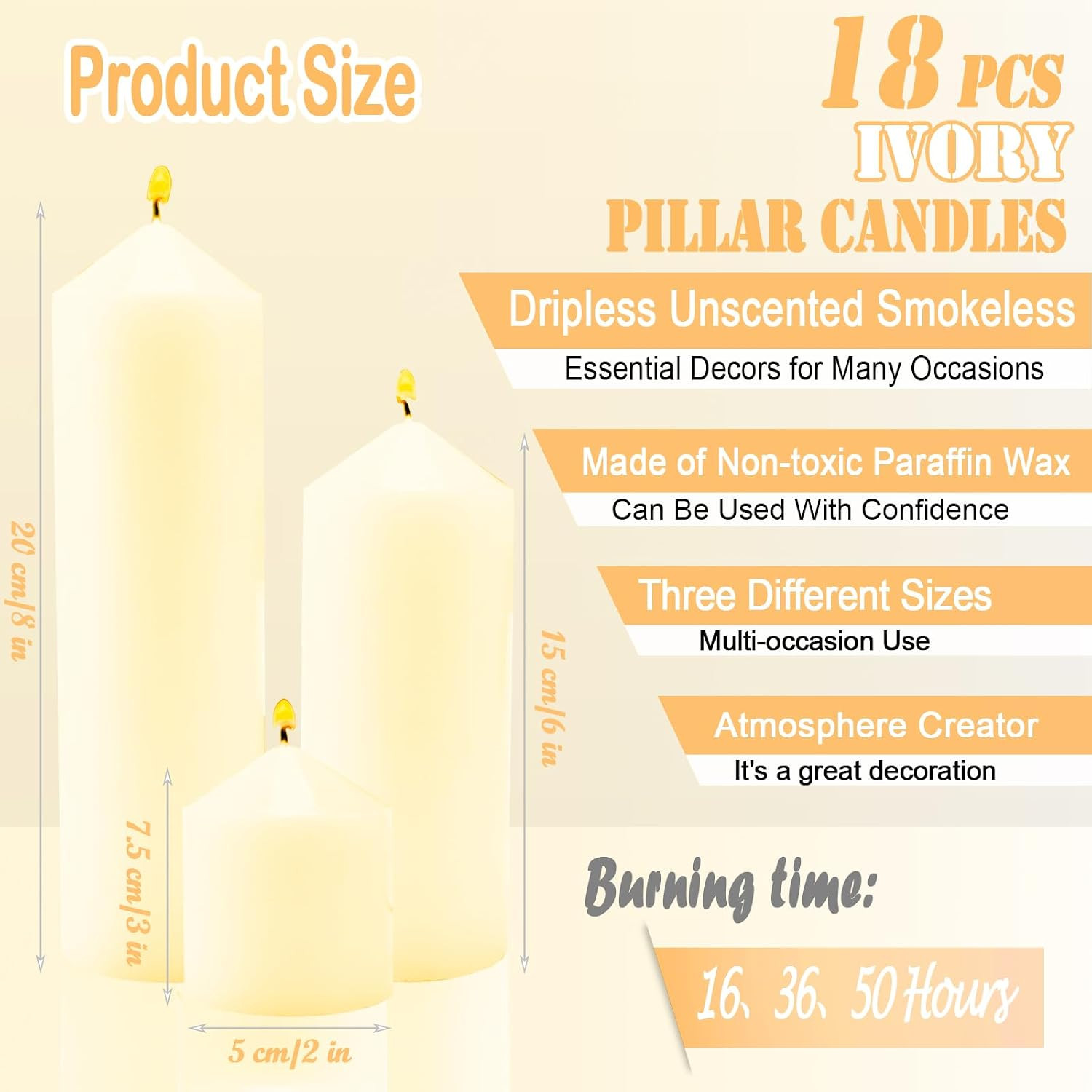 18 Pcs Ivory Pillar Candles Bulk Set，2X3 2X6 2X8 Inch – 12 Each Size，Hurricane C