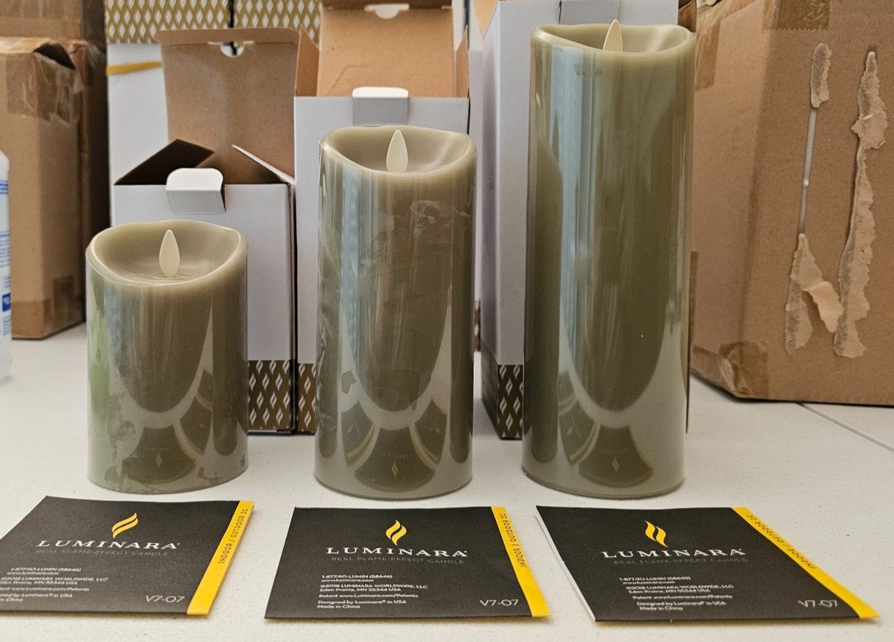 Flameless Luminara Sage Green 3 Pc Pillar Set 4.5″, 6.5″ & 8.5″ Tall, 3″ Dia