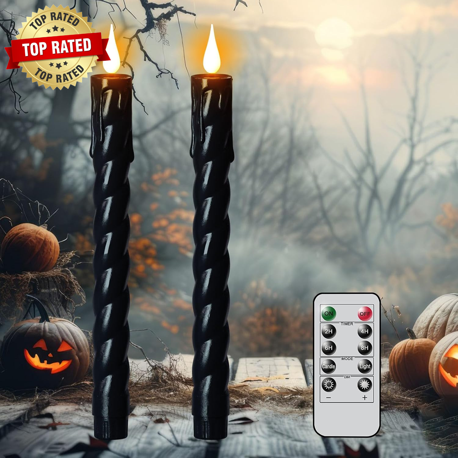 Black Flameless Taper Candles Battery Operated with Remote Timer | 3D Wick Flick