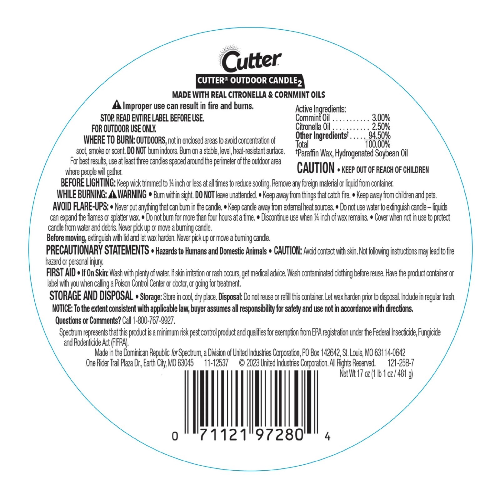 Cutter Candle, Outdoor Soy Wax Candle Made with Real Citronella Oil 17 Ounces