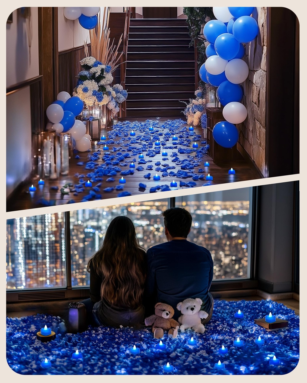 Amagic 1000 Pieces Blue Artificial Rose Petals with 12 Blue Heart LED Tea Lights