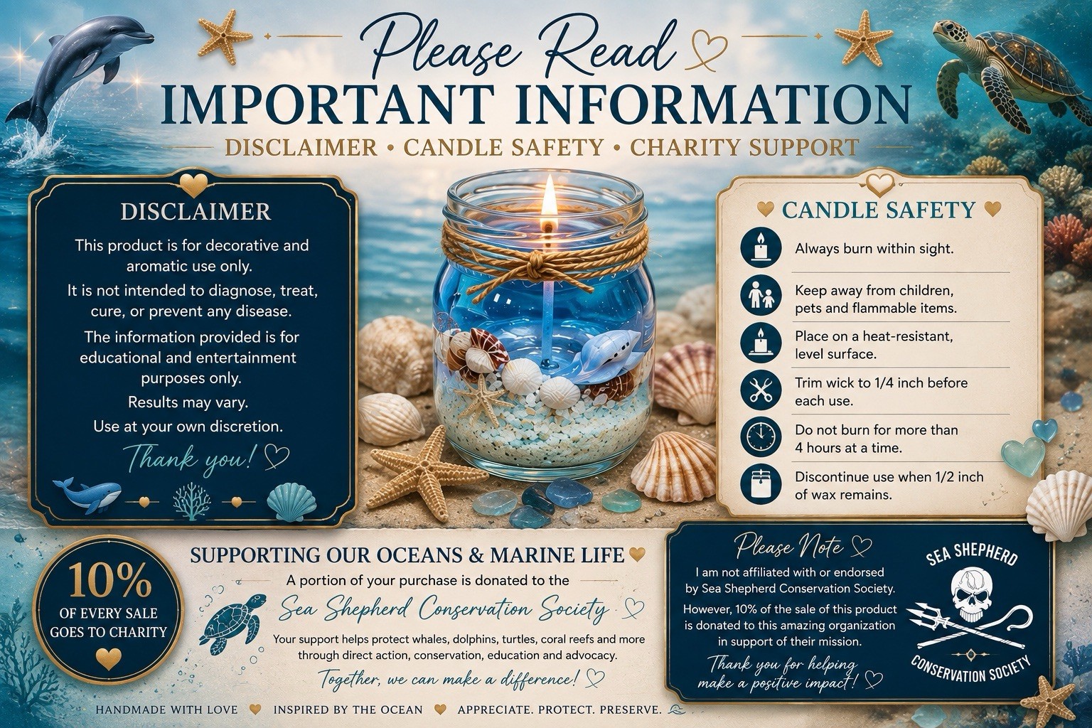 Handmade Ocean Florida Gel Candle Soy Wax Real Seashells, Sea Salt & Starfish