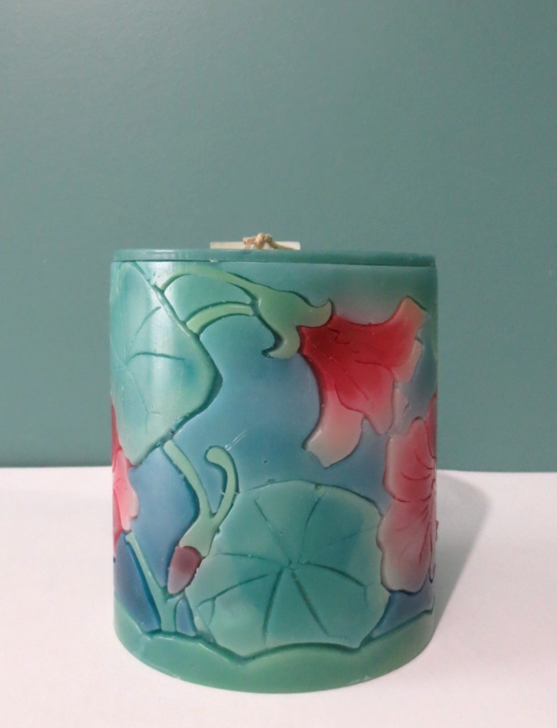 MOON ALLEY – New Teal w/ Pink Peony Pillar Candle – Size Small – 3 3/4″ T