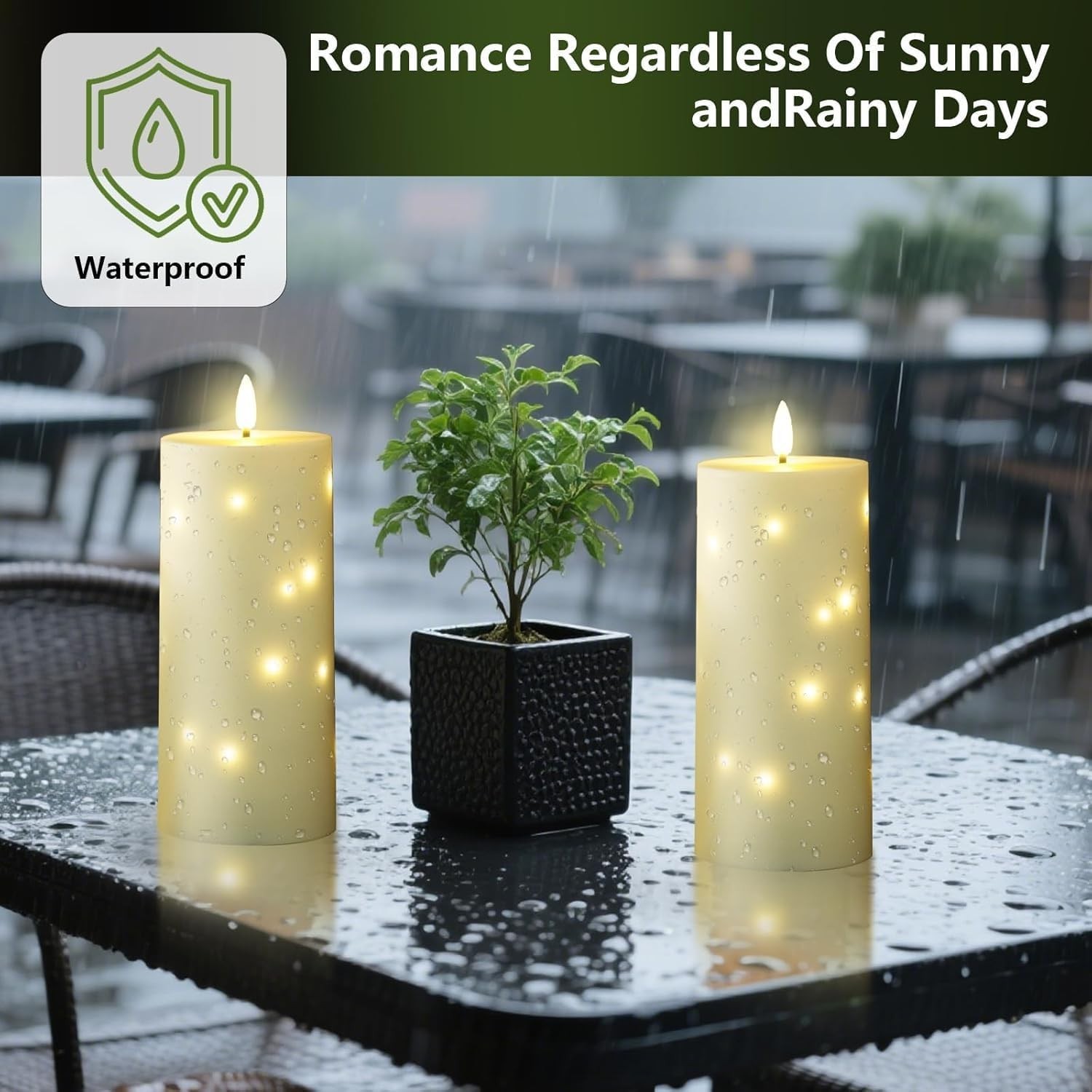 Cordless Outdoor Pillar Candles with Timer and Star String Lights Included