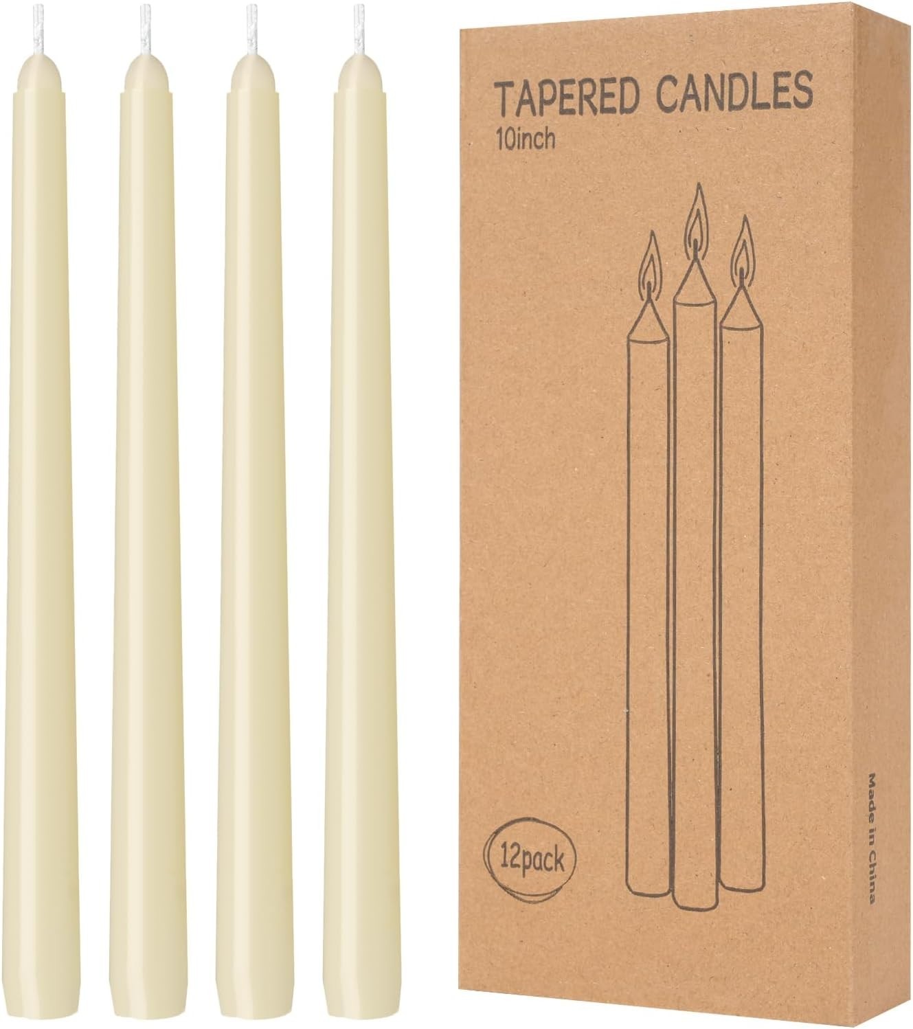12 Pack Ivory Taper Candles – 10 Inch Dripless, Smokeless, Long-Burning Elegance