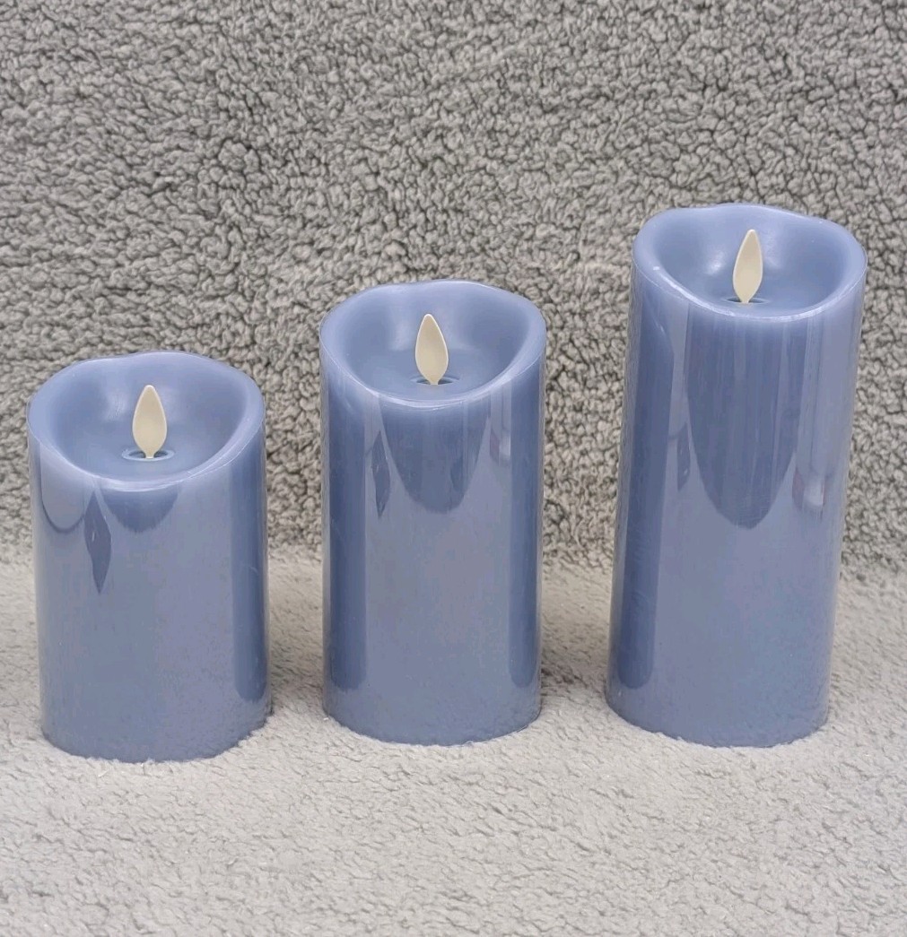 Luminara Set of 3 Flameless Candle Faded Denim Blue 4″, 5″, 6″, Remote, Gift Box