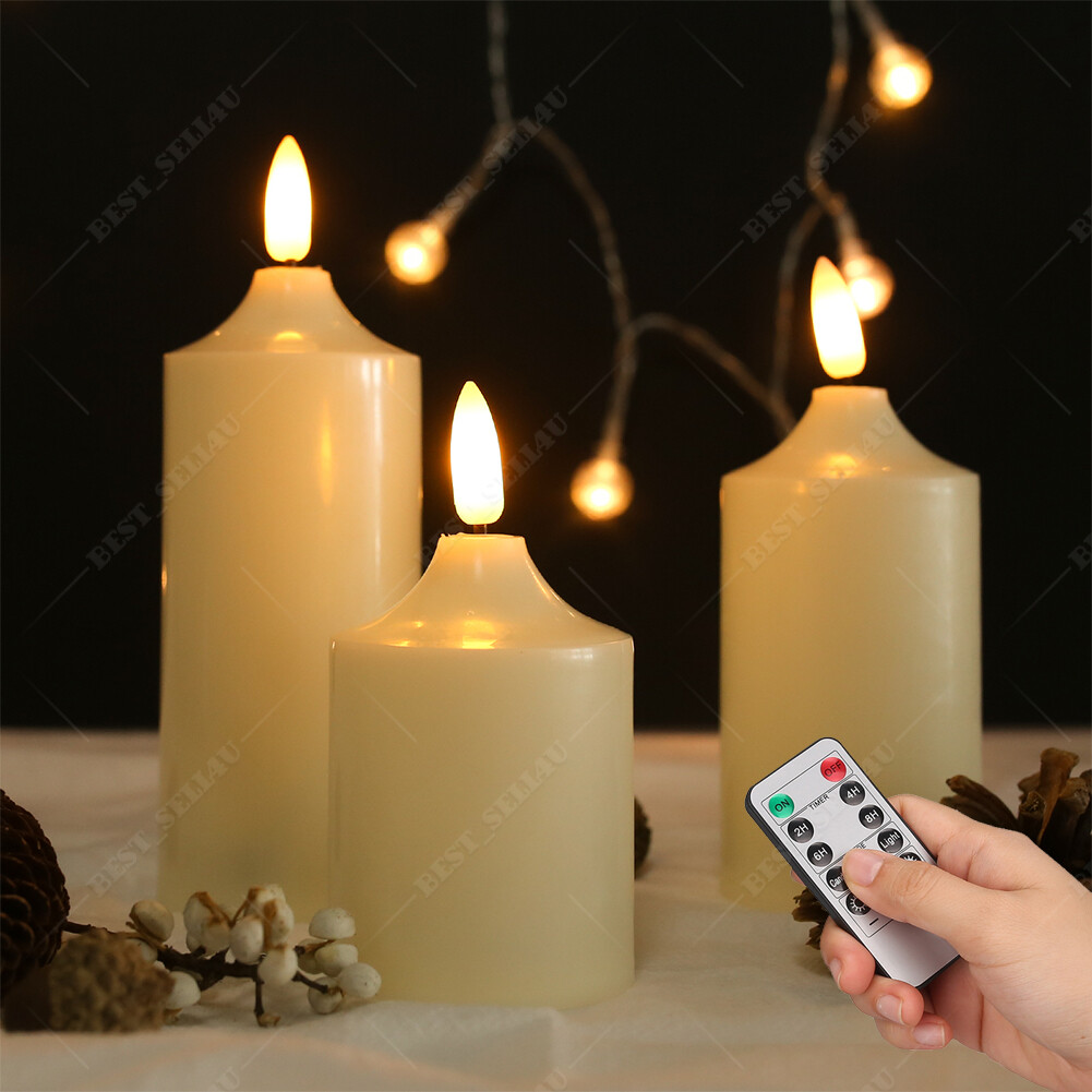 Set of 3 Flameless Flickering LED Pillar Candles with Timer Remote Home Decor