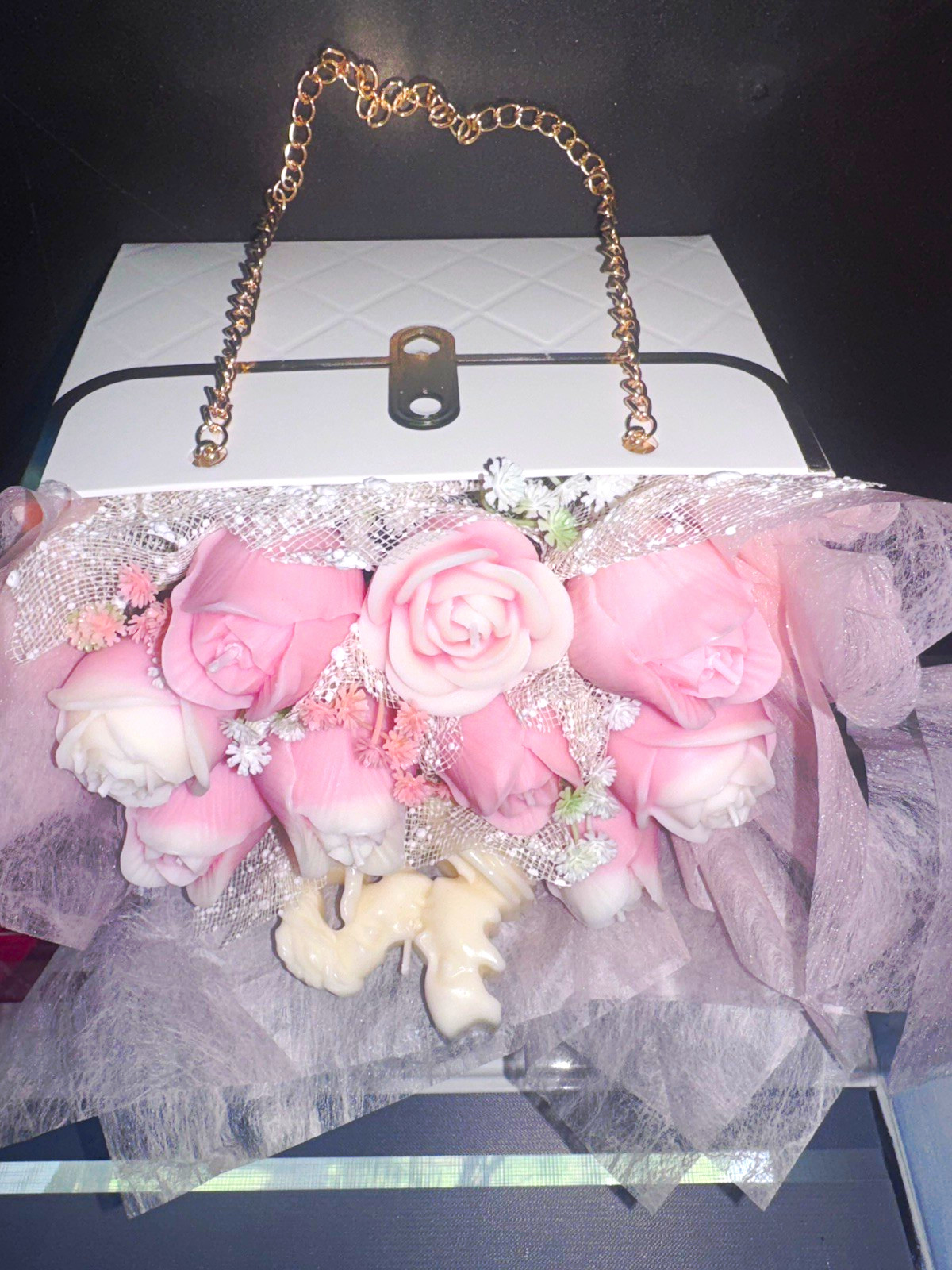 Artificial Pink & White Rose Flower Arrangement in White Purse Gift Box Chain