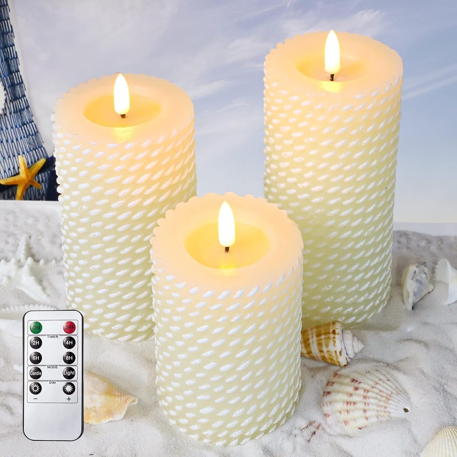White Flameless Candles,Corded Pattern Carving Battery Operated Candles with …