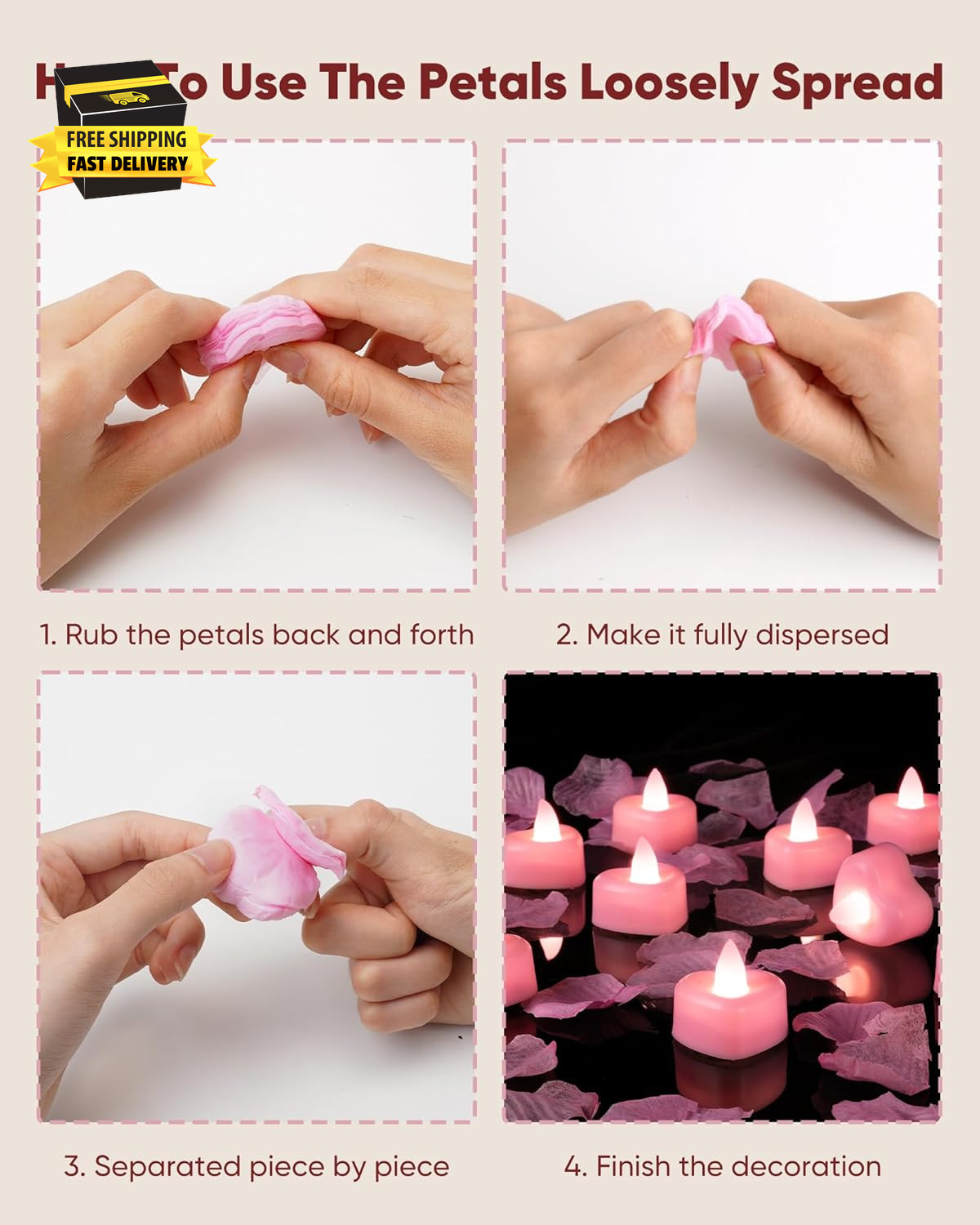 1000 Pieces Pink Artificial Rose Petals with 12 Pink Heart LED Tea Lights, Rose