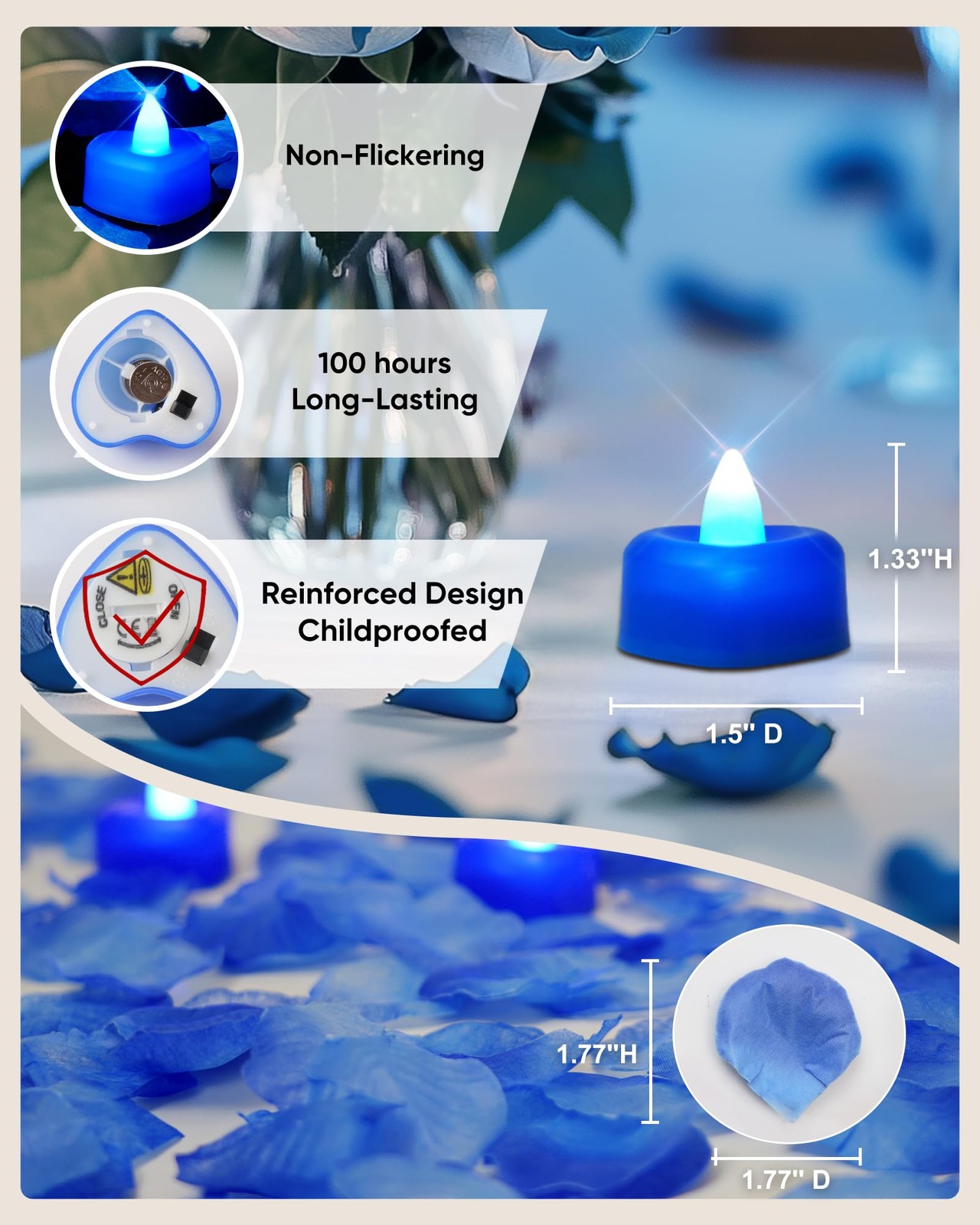 Amagic 1000 Pieces Blue Artificial Rose Petals with 12 Blue Heart LED Tea Lights