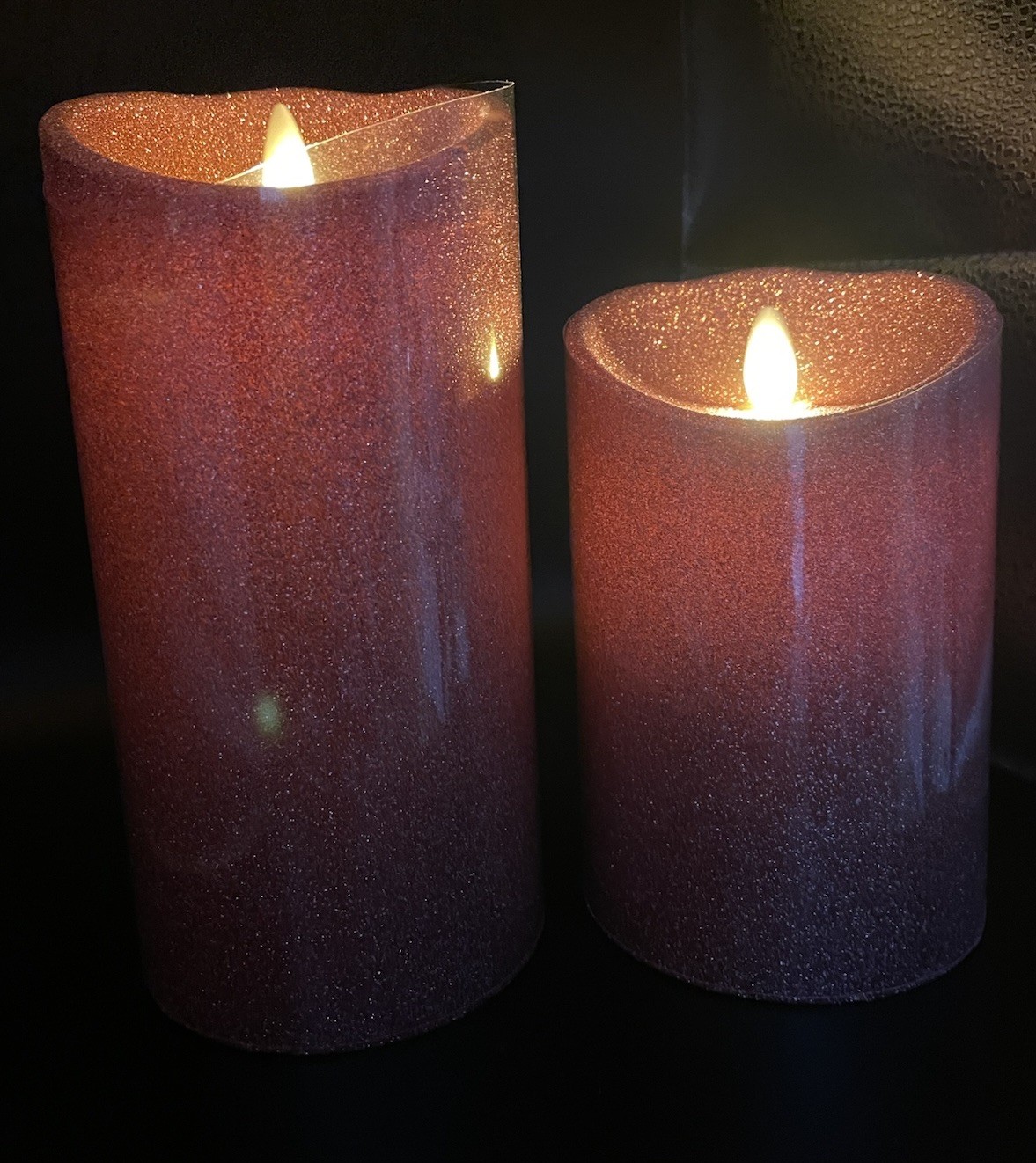 Luminara Flameless 5″ & 7″ Pink Glitter 2 pack Candle Set Timers and one remote