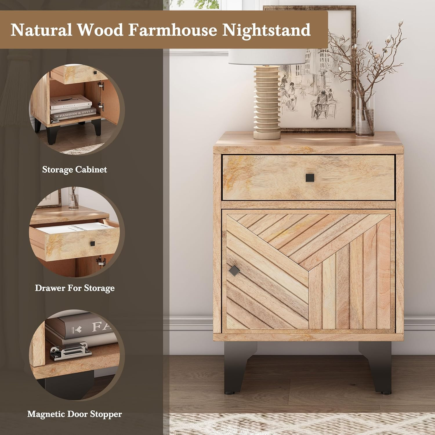 Shinon Mango Wood Nightstand with 1 Drawer, End Table/Sofa/Bed Side Table/Storag