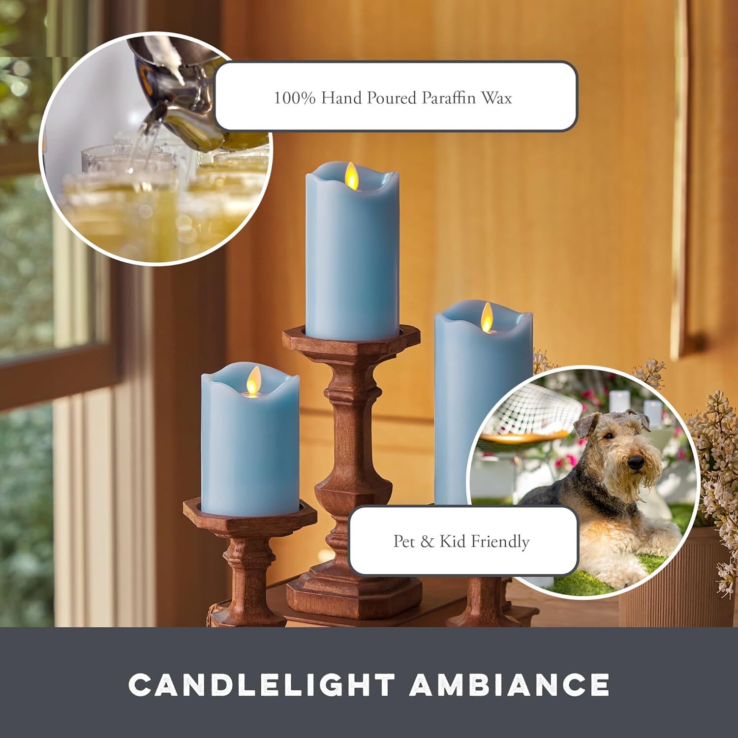 Battery Candle Set of 3 (3″ x 4.5″,5.5″,6.5″) Flameless LED (Pastel Blue)