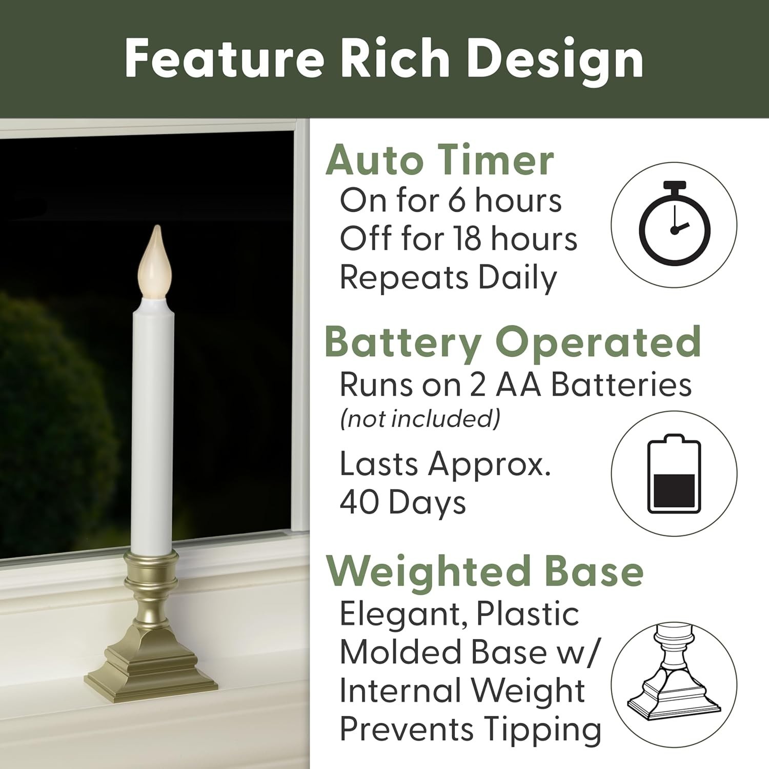 Bright LED Window Candles with Timer – Cordless & Stylish Pewter Finish – 4 Pack