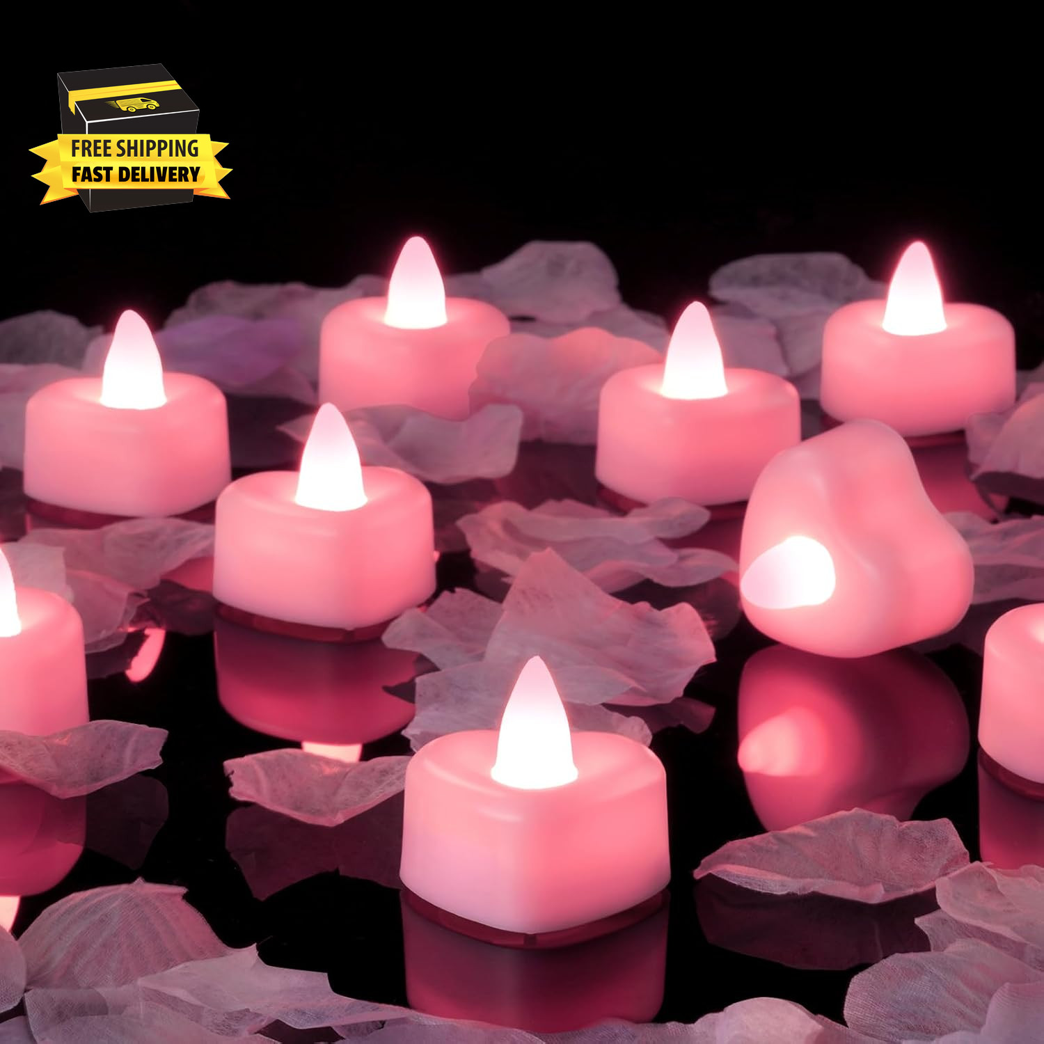 1000 Pieces Pink Artificial Rose Petals with 12 Pink Heart LED Tea Lights, Rose