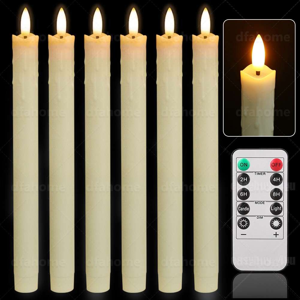 6pcs Flameless Flickering Electric LED Taper Candles Lights with Timer Remote