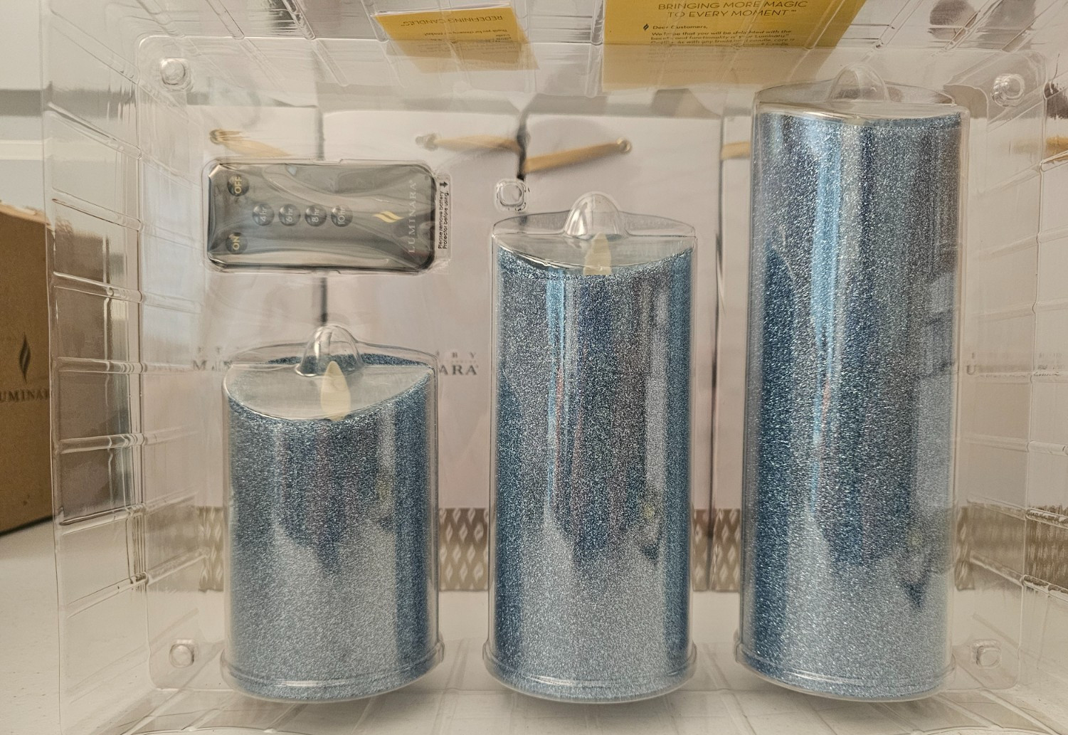 Luminara Icy Blue Glitter 3 Pillar Candle Set Remote Control 5″, 7″ and 9″ X 3″