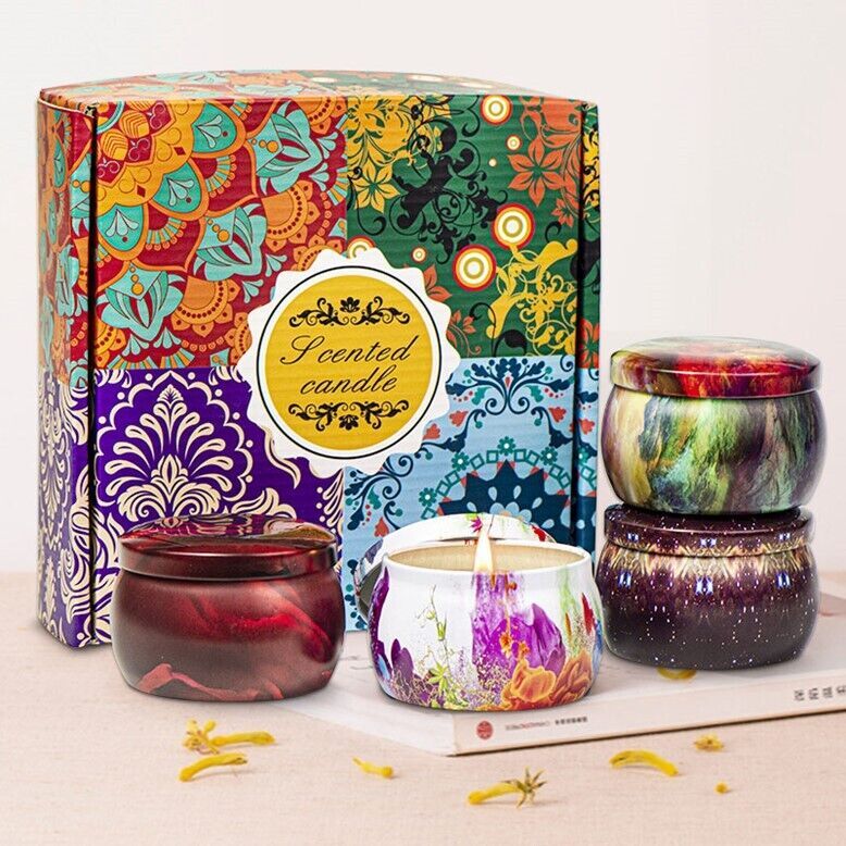 Aromatic Therapy Candles Assorted 4 Scents Tin Hard Can Deluxe Gift Box No Smoke