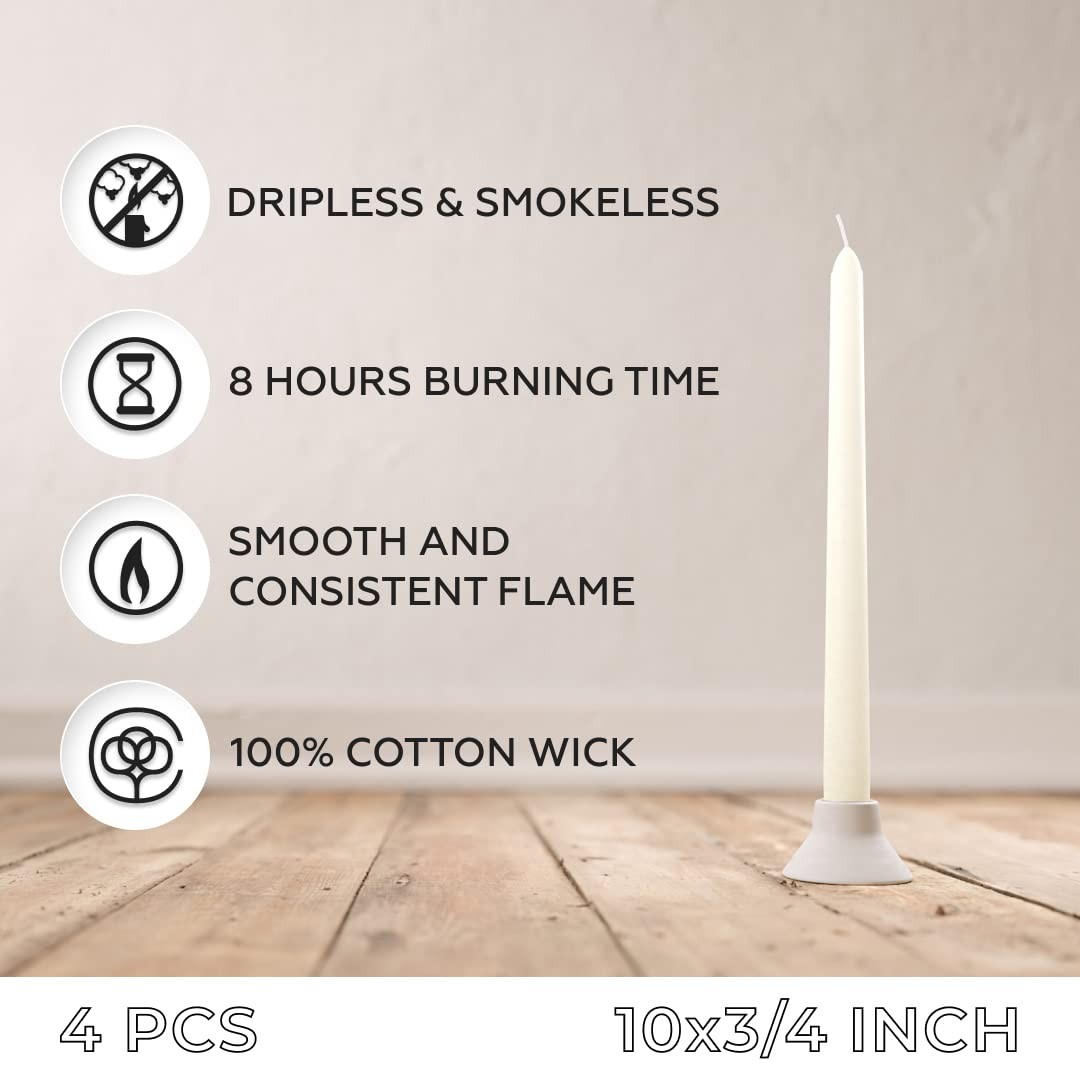 4 Pack 10 Inch Taper Candles Unscented Hand Dipped Long Burning Dripless Ivory