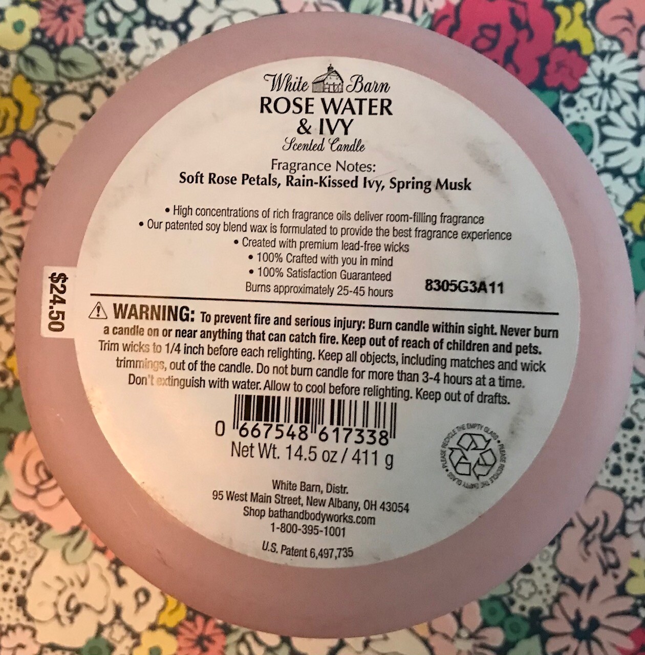 NEW WHITE BARN ROSE WATER & IVY 3 WICK SCENTED CANDLE 14.5 OZ