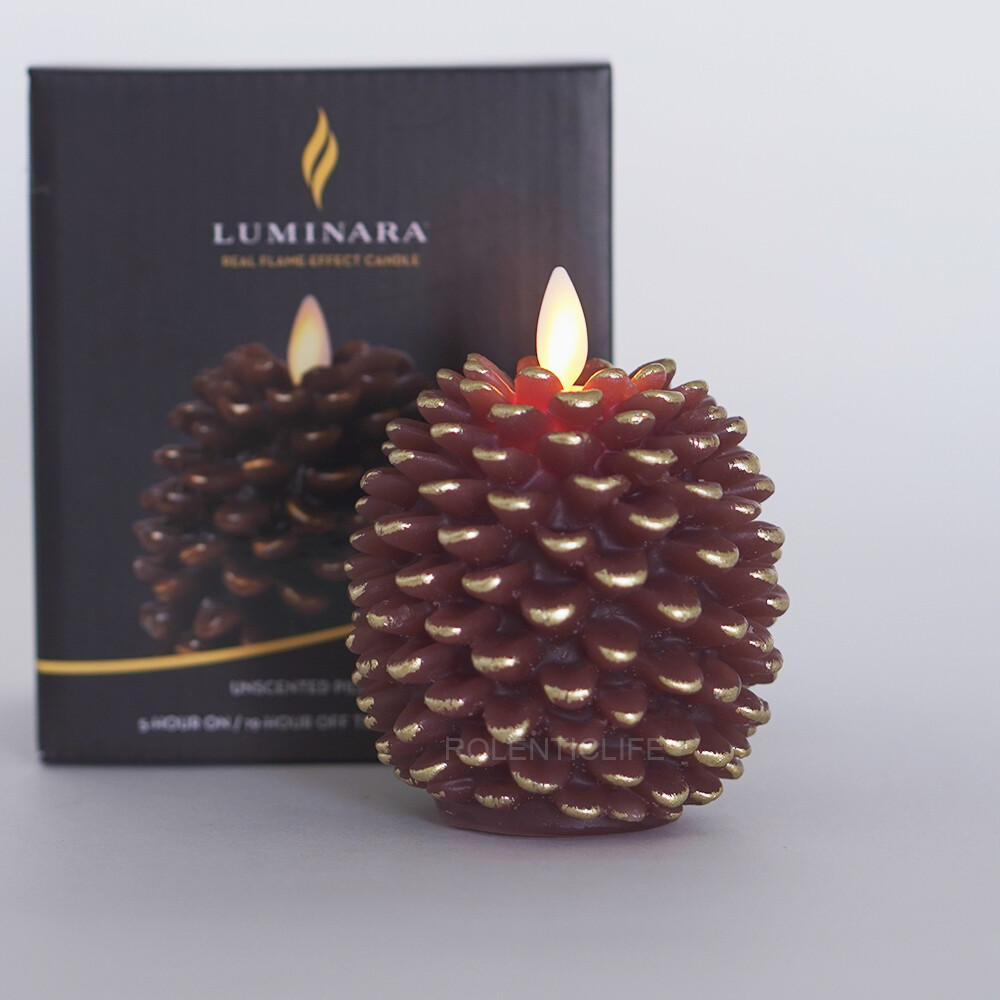Luminara Flameless Pine Cone Wax LED Candles with Moving Wick Remote Brown