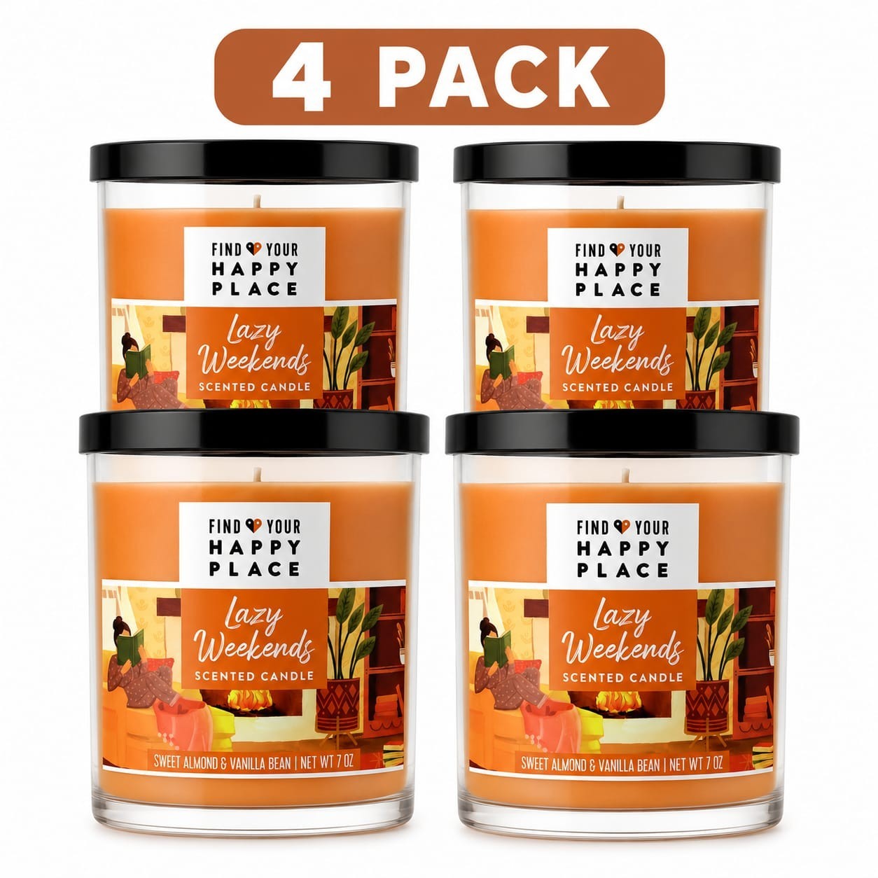 4 Pack Find Your Happy Place Lazy Weekends Scented Candle 7oz Sweet Almond & Van