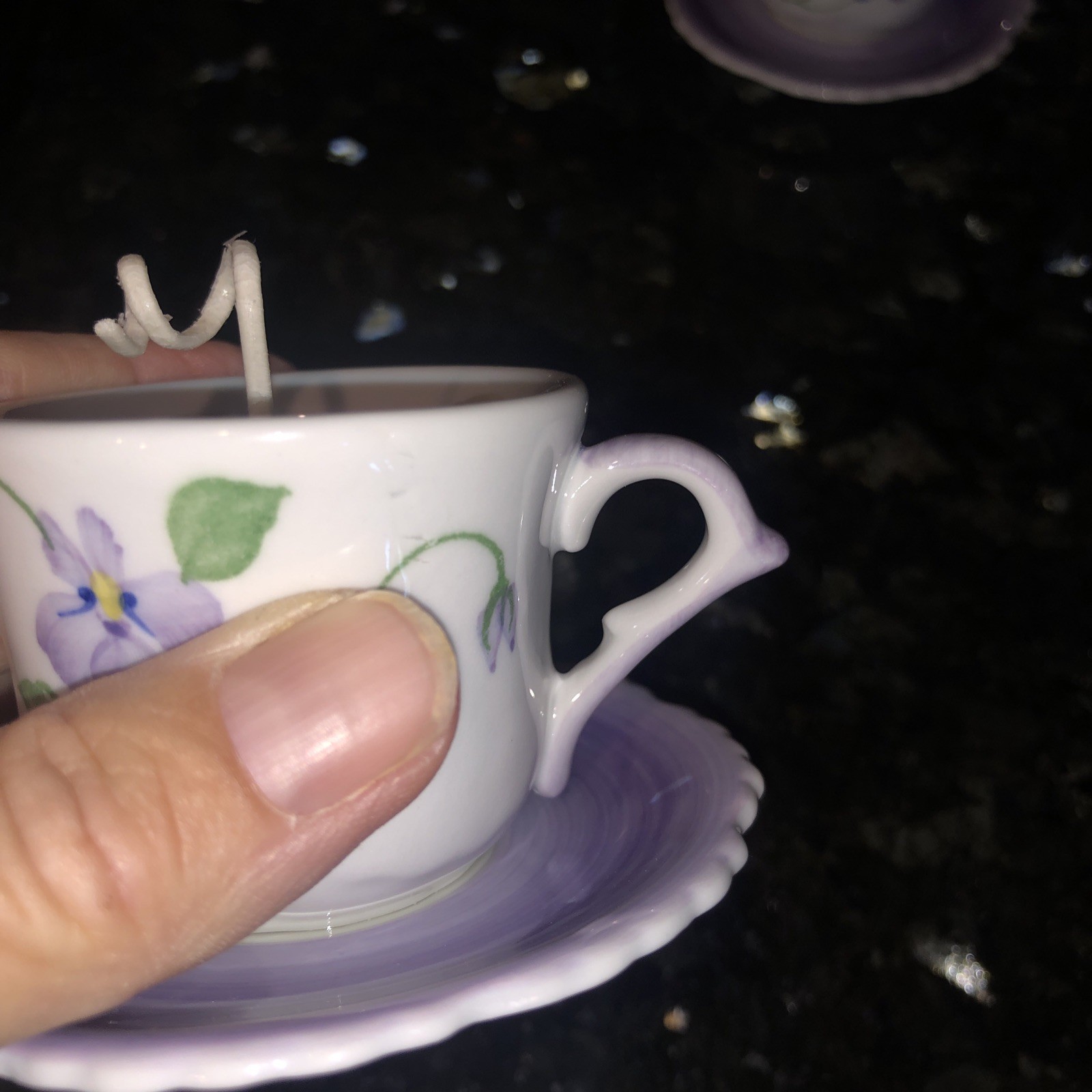 Set of 2 Handmade Mini Porcelain Antique Teacups Candles Purple Violets Pansies