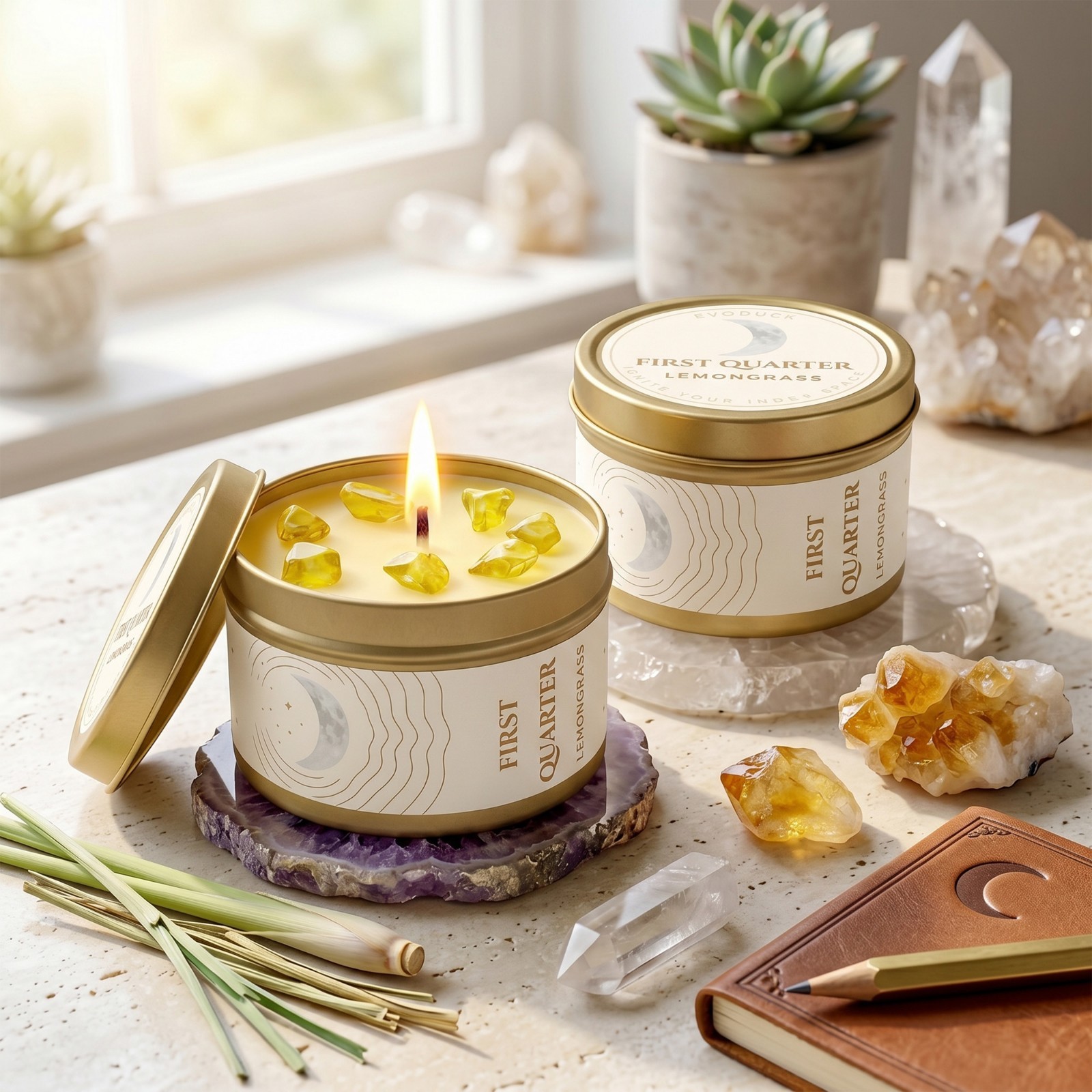 2 Pack Waxing Moon Candle Crystal Soy Manifestation Witchy Celestial Ritual Gift