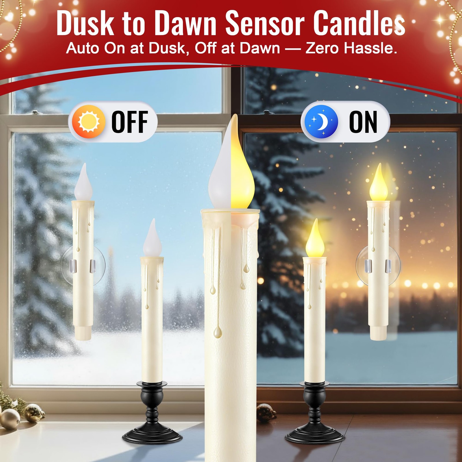 6 PCS LED Window Candle Dusk To Dawn Sensor Ivory Flameless Black Base