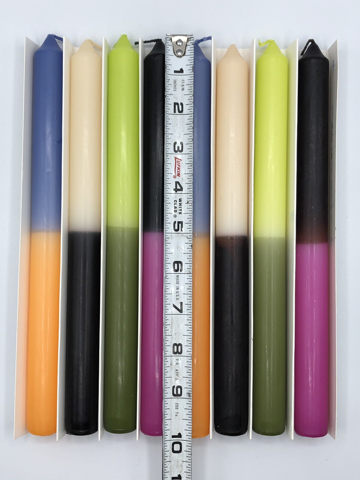 New – Multi Color 10″ Two-Tone Taper Candle Set of 8 – Color-Block Tall Candles