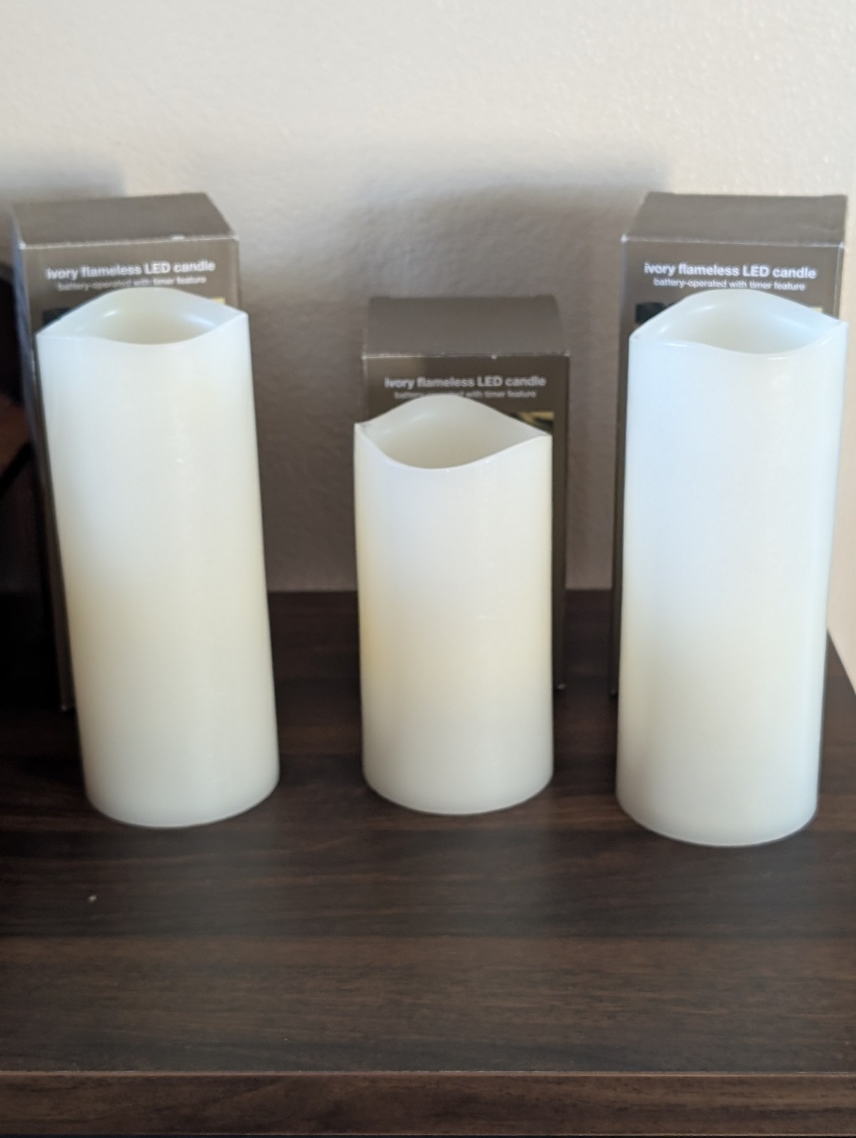 Pier 1 Set Of 3 Ivory Flameless LED Candles, 1 6 Inch And 2 8″ In Original Boxes