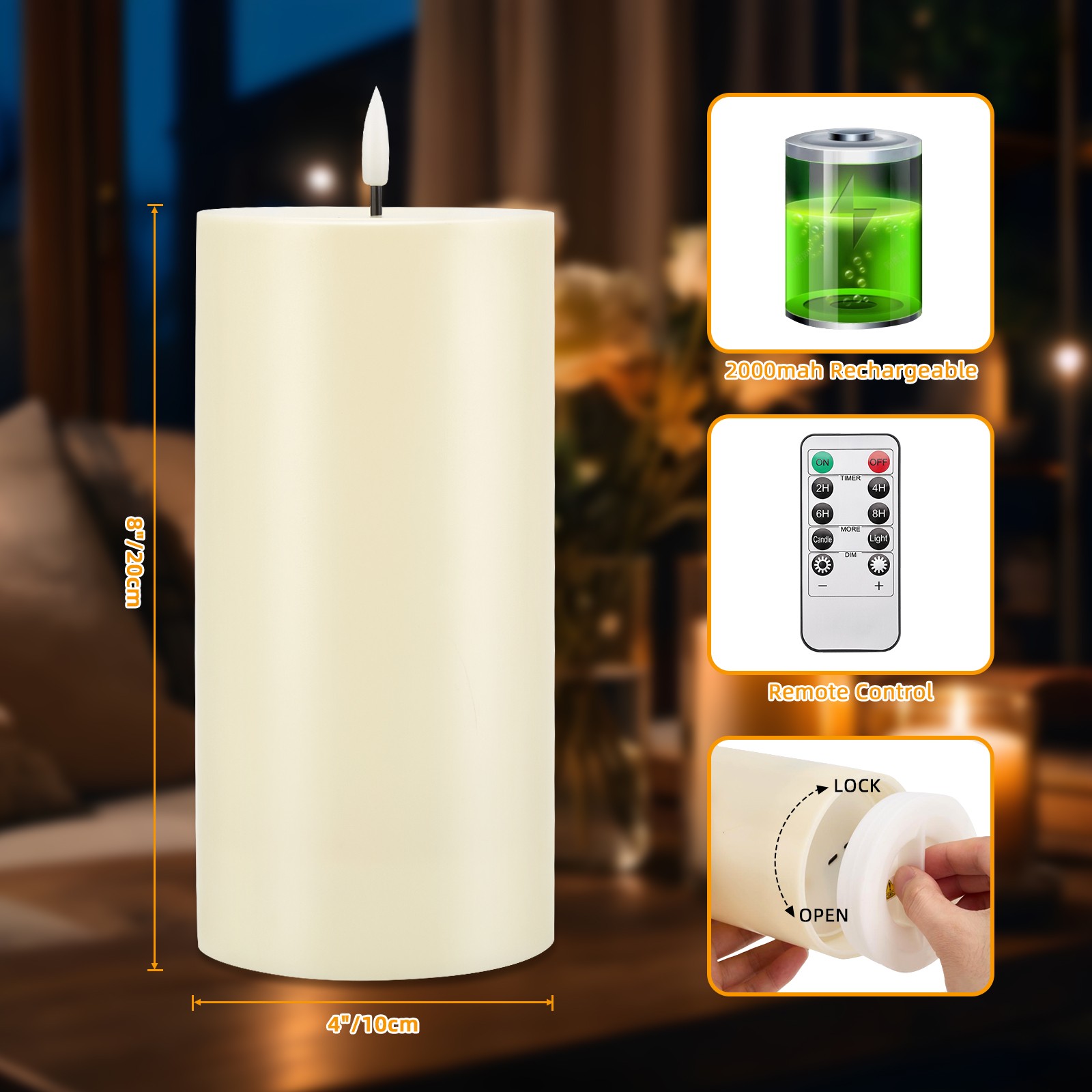 2PCS Flameless 4″x8″ Outdoor Waterproof Candles with Timer Remote Rechargeable