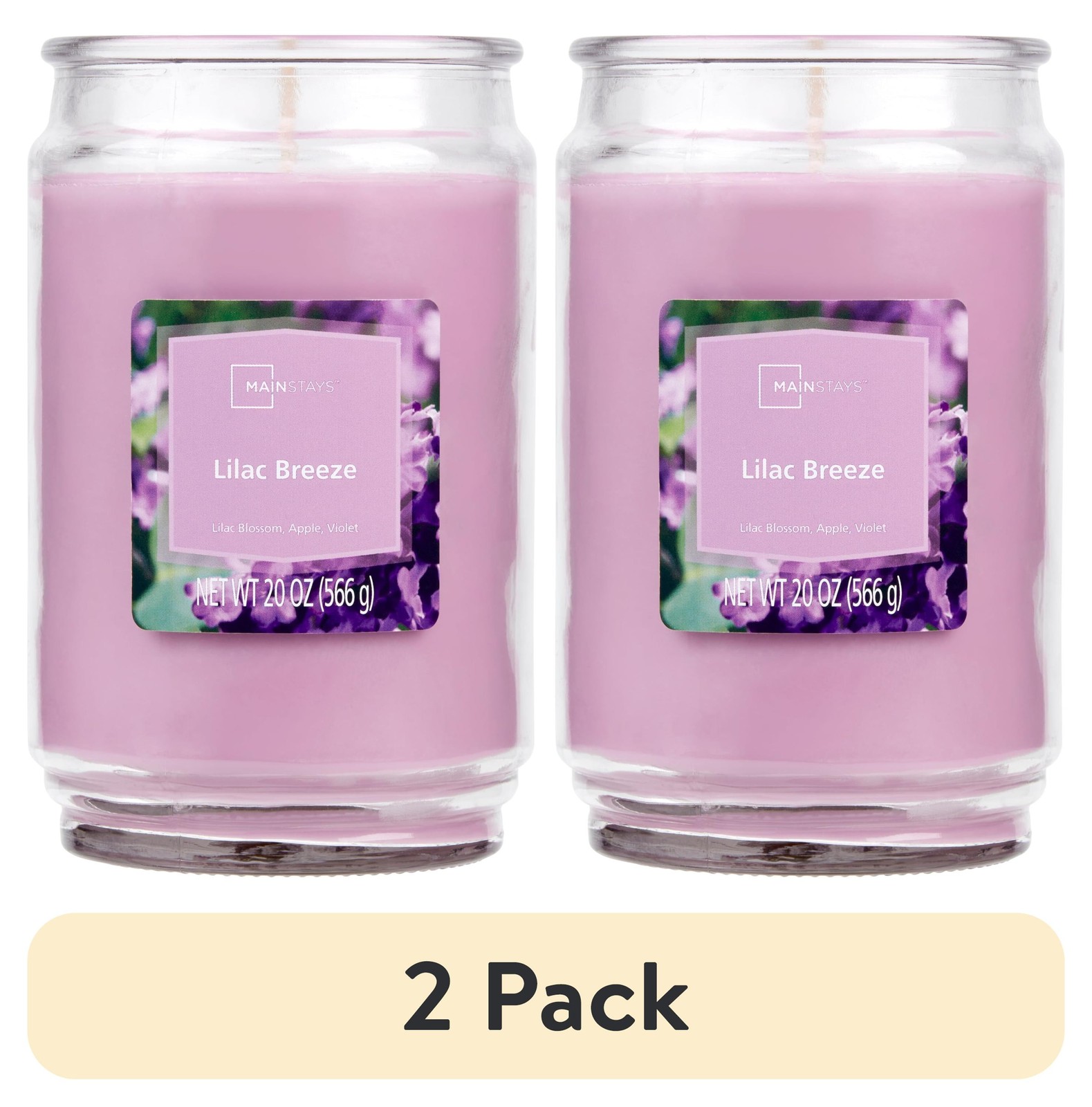 2 Pack Mainstays Lilac Breeze Candle, Single-Wick Large Glass Jar 20oz