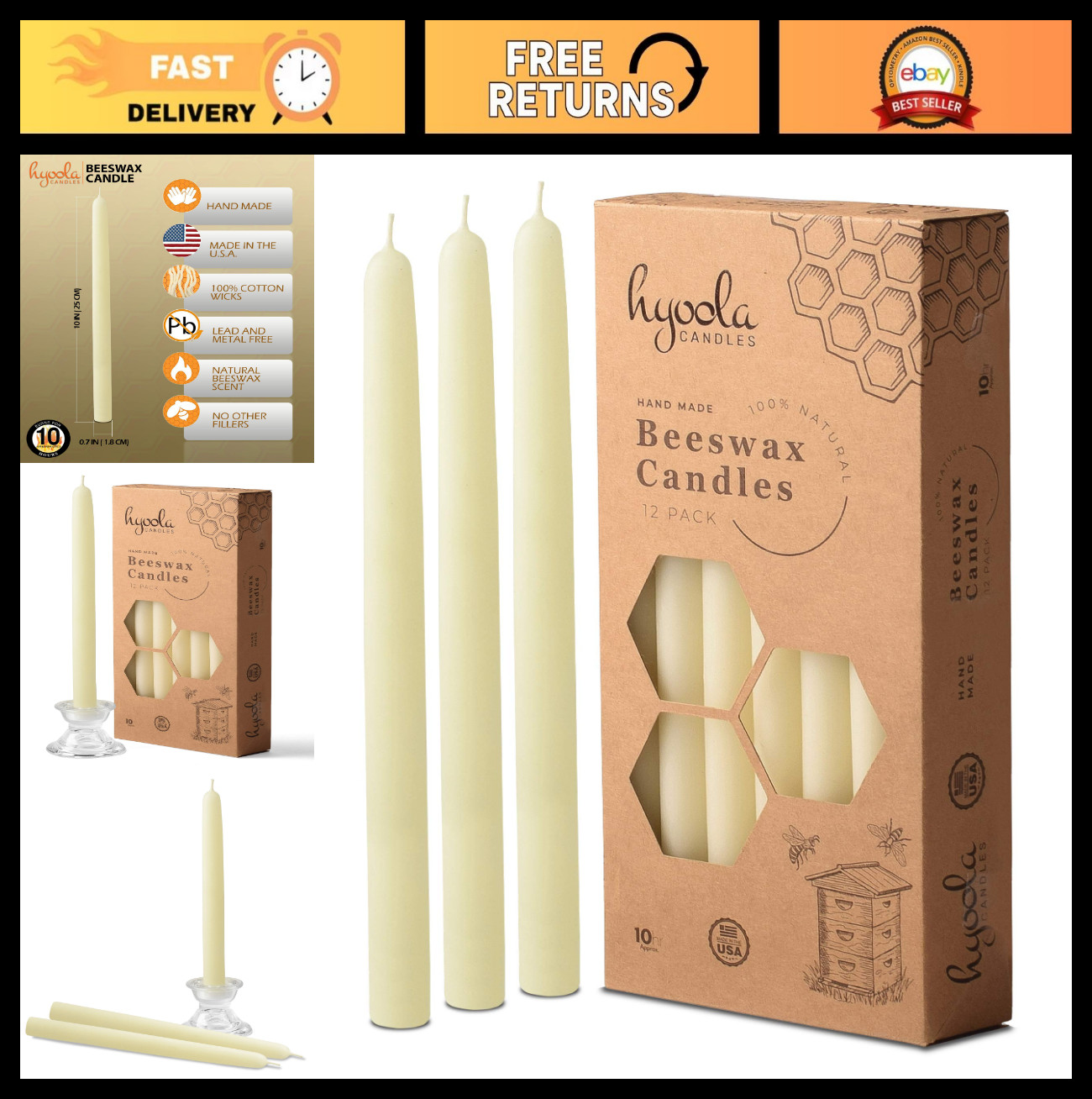 10″ Beeswax Taper Candles – 12 Pack, Handmade, All Natural, Unscented, White, 10