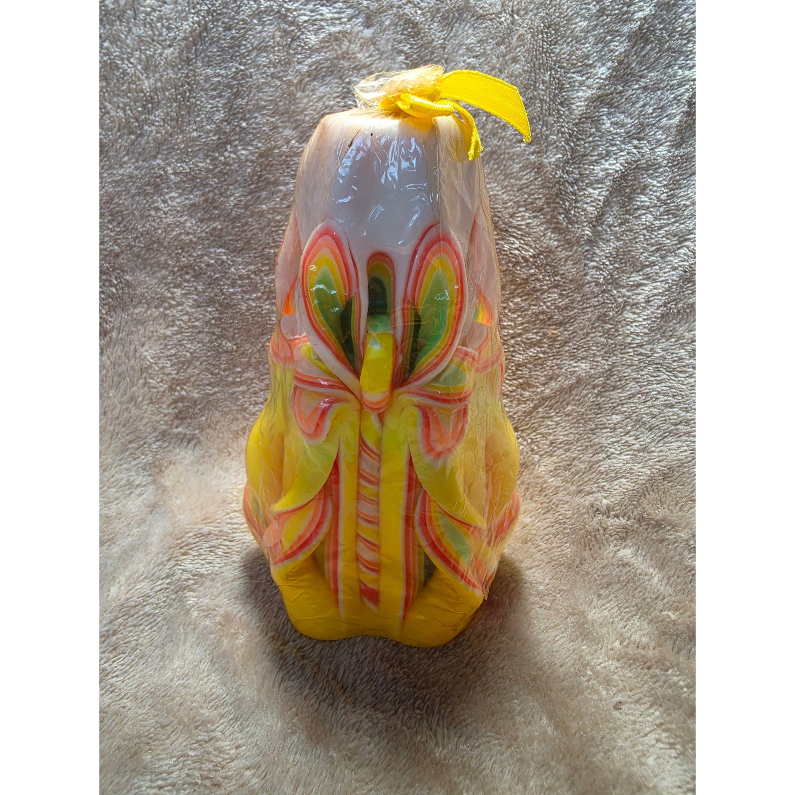 Vintage Hand Carved Pillar Candle Yellow Pink Green Layered Ribbon Wax Art Decor